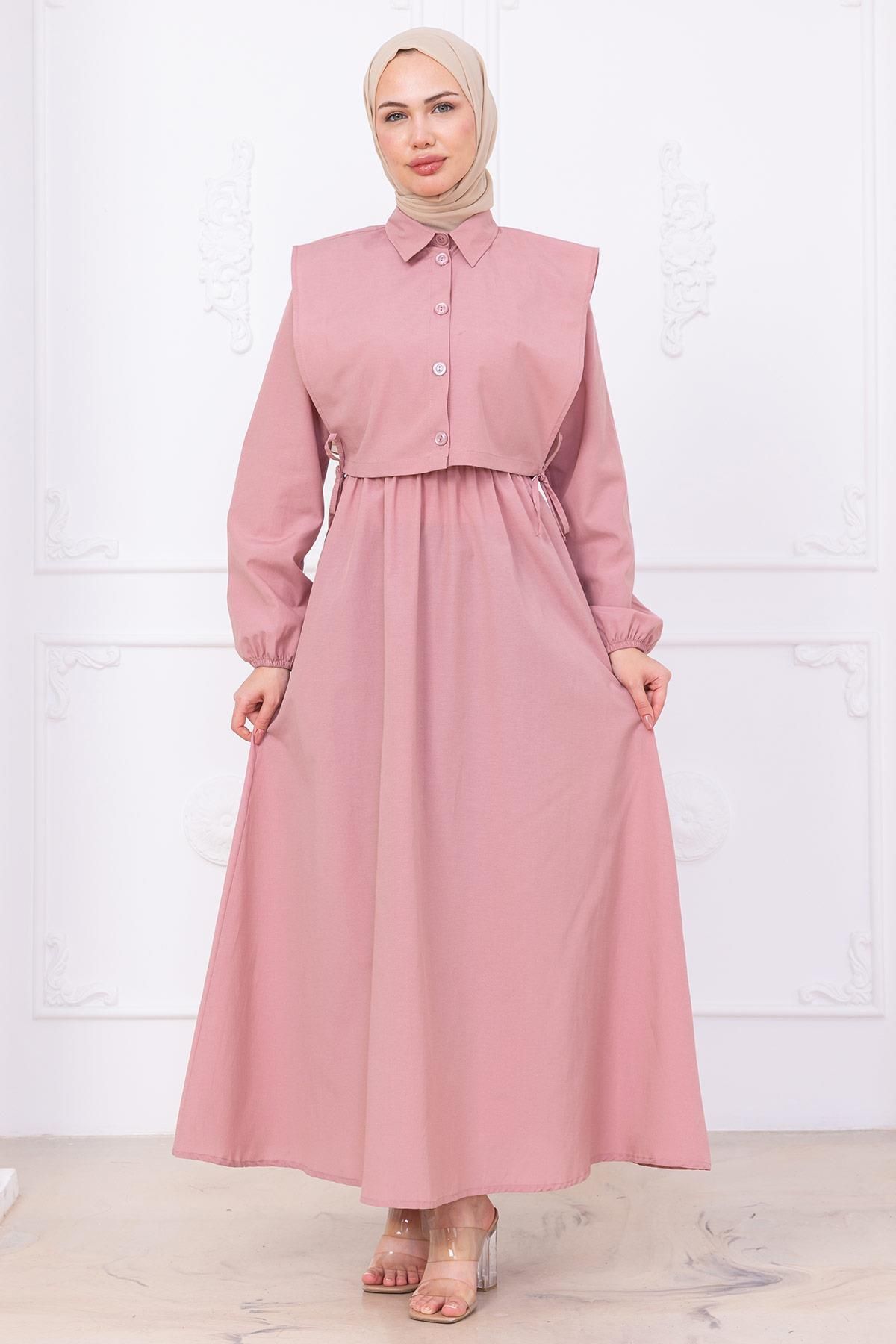 hafsamina Bolerolu Beli Lastikli Elbise Pembe HM2756