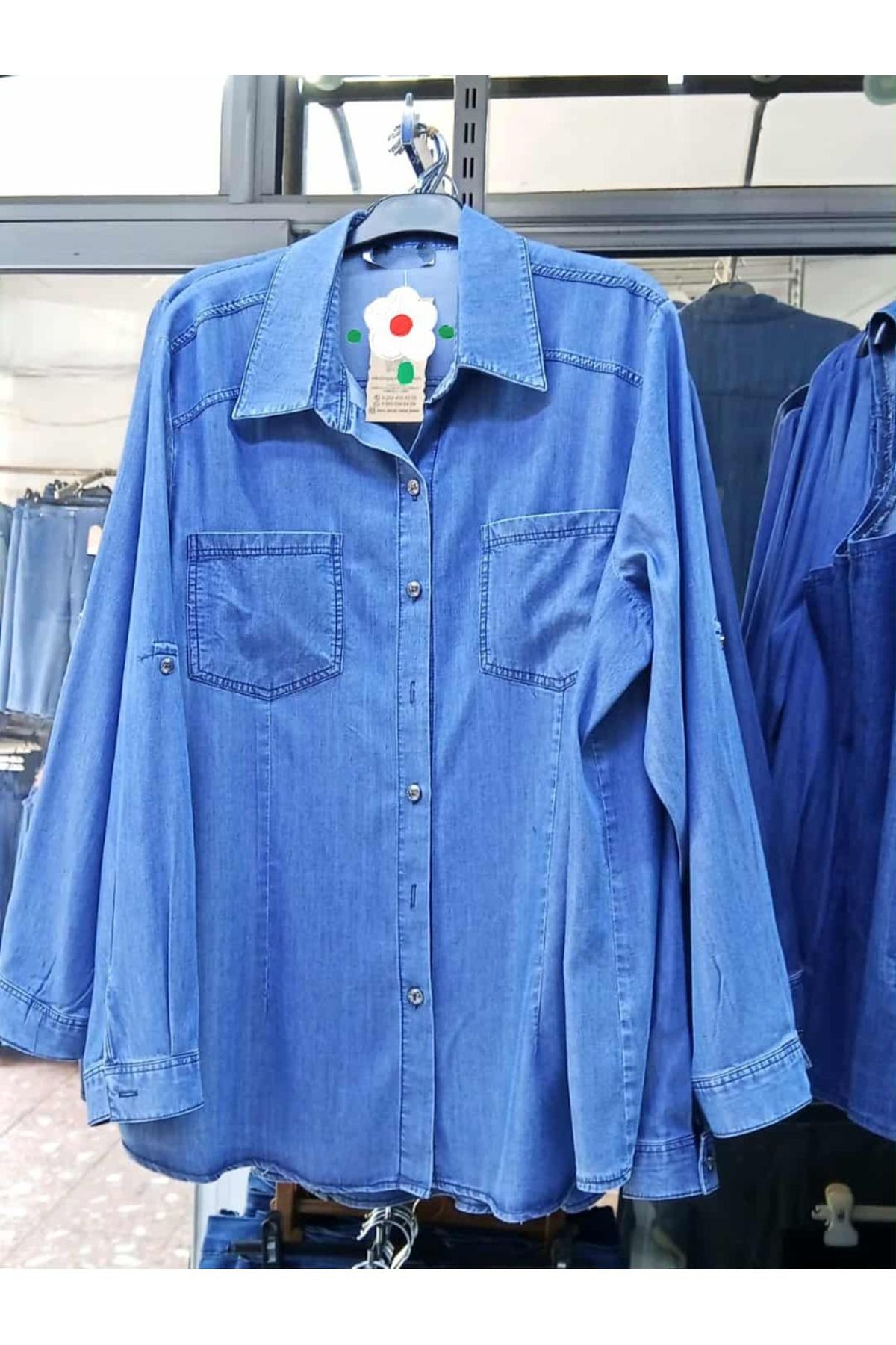 elif atlı kadın büyük beden ince denim kumaş kot gömlek