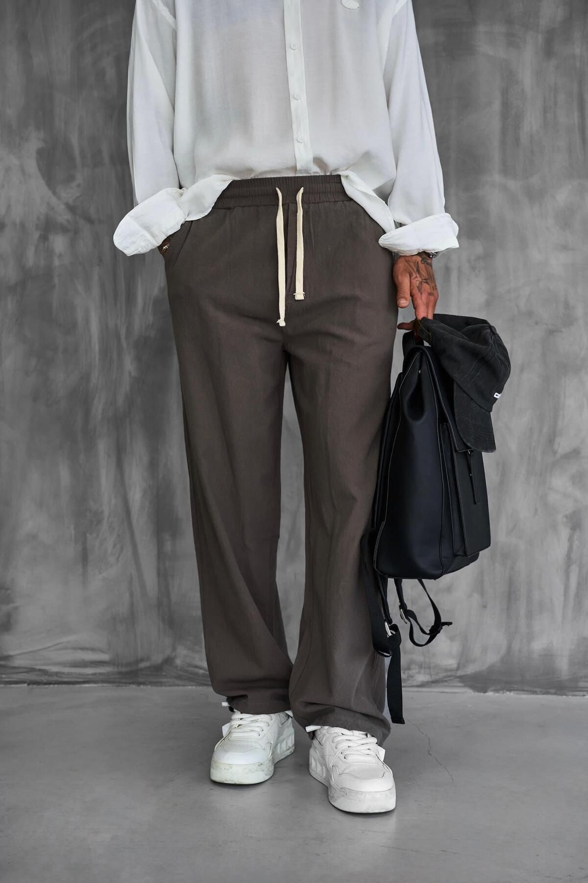 ablukaonline Erkek Baggy Fit Keten Görünümlü Pantolon Kahve