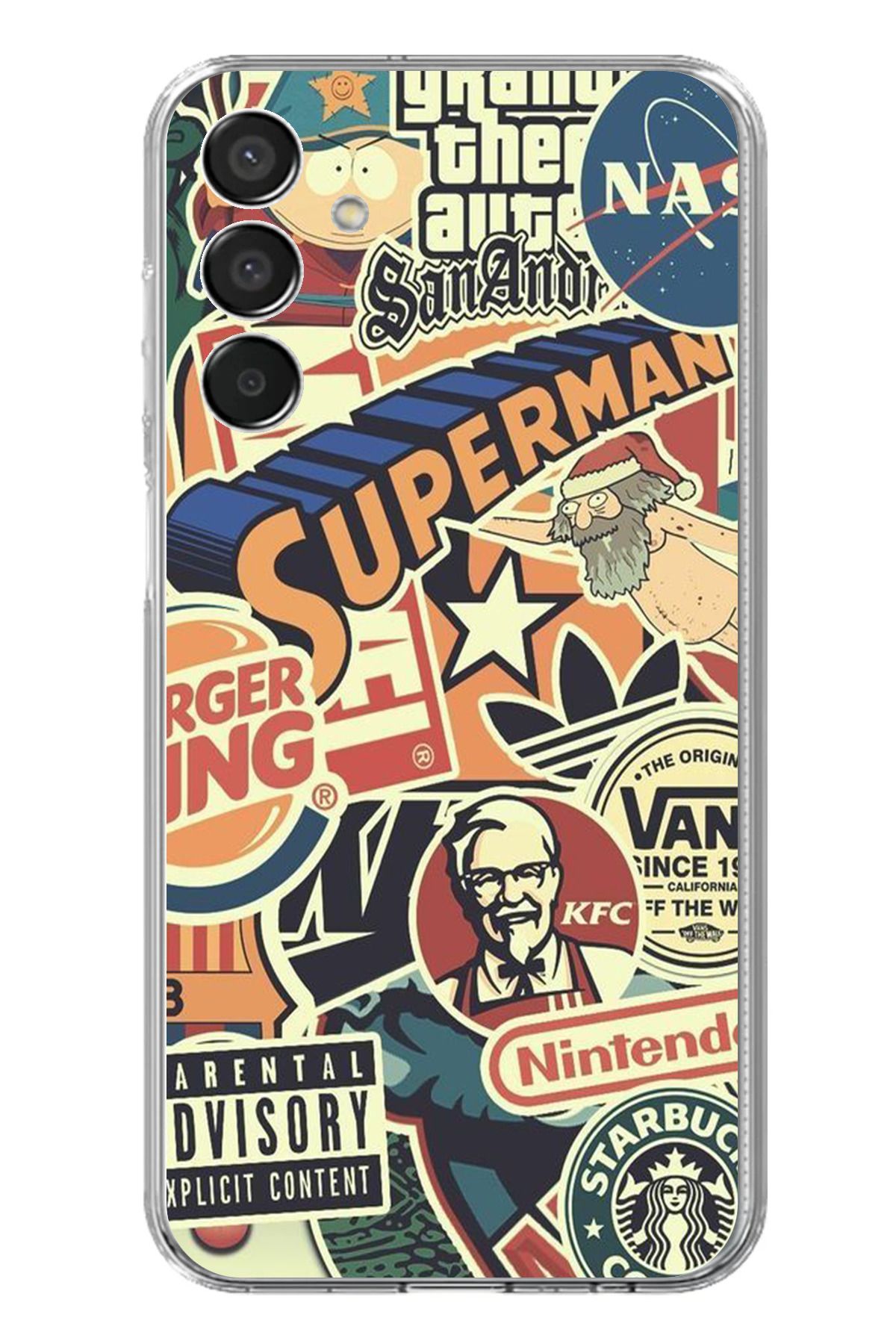 TechTree Samsung Galaxy M15 Uyumlu Retro Nostaljik Markalar Tasarımlı Şeffaf Silikon Kılıf