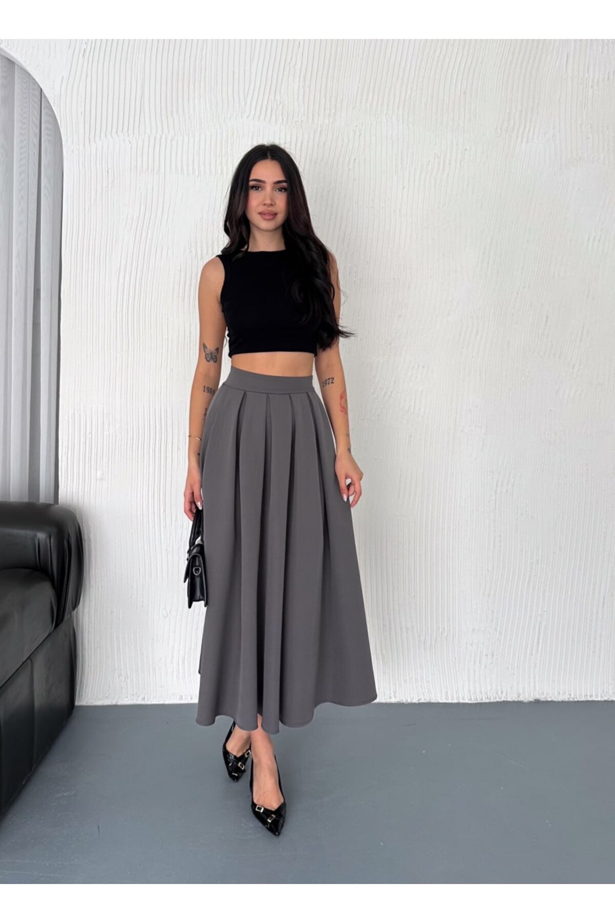 Winmoda34  KADIN DABIL KUMAŞ PİLELİ 86 CM TAM BOY UZUN ETEK