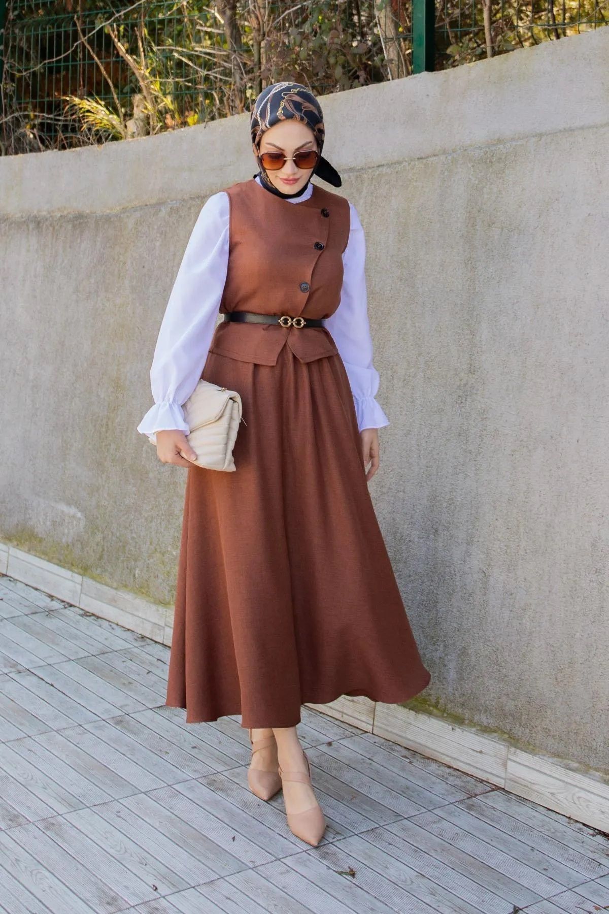 Trendy Butik Kadın Ally Keten Yelek Etek Takım-Kahve