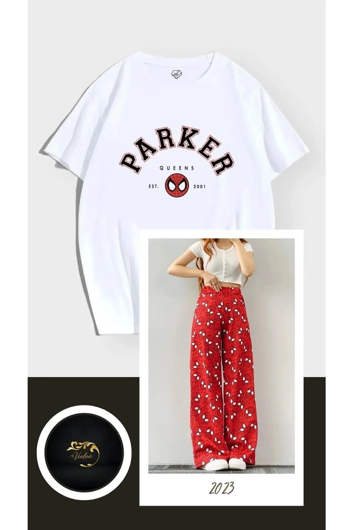 Gofeel Unisex Peter Parker Beyaz T-shirt & Kırmızı Renkli Spider Bol Paça Eşofman Altı Ikili Takım