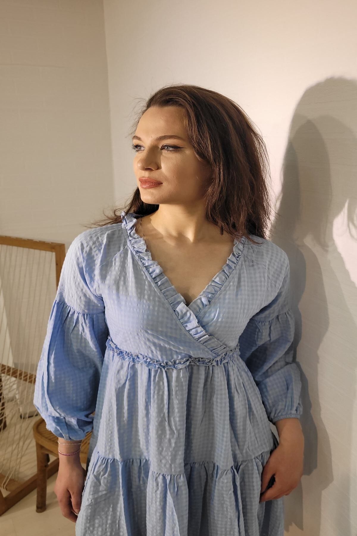 Women's Long Sleeve Double Breasted Plaid Short Dress