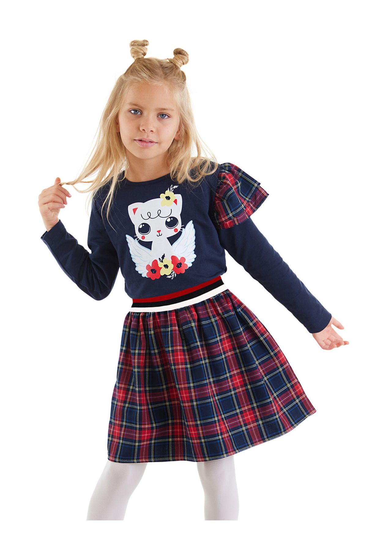 Denokids Granatowa Sukienka W Kratę Dla Dziewczynki Winged Cat Kobieta - 3 years old