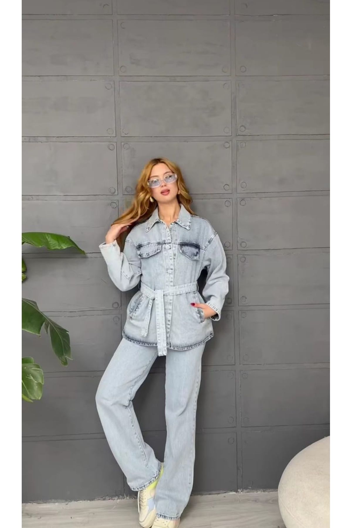 MissPul Bağlamalı Ceket pantolon Denim Takım YENİ SEZON Acık mavi