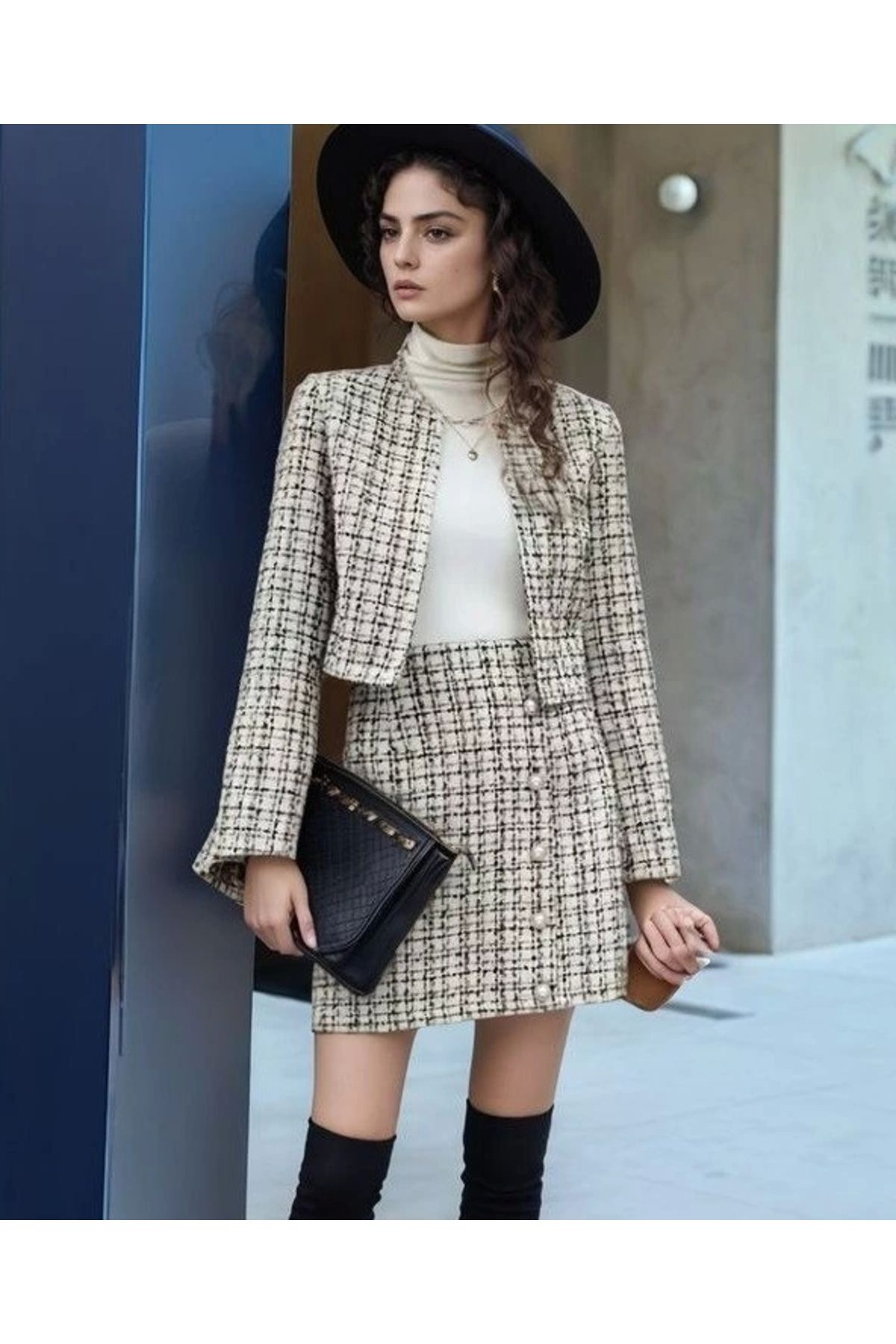 MODA Kadın Uzun Kollu önü Açık Düğme Detaylı Dokuma Ceket Etek Ikili Takım