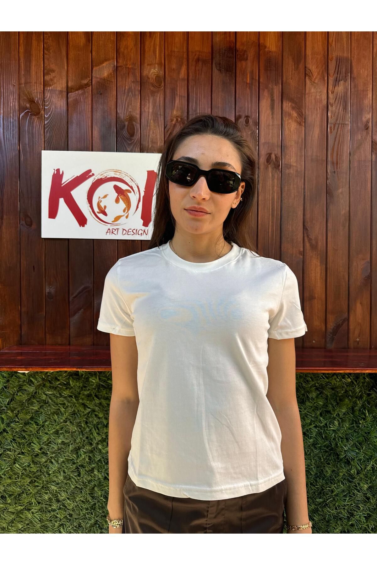 Butik Basic Baskısız Düz Model / Kadın Ekru Renk T-Shirt