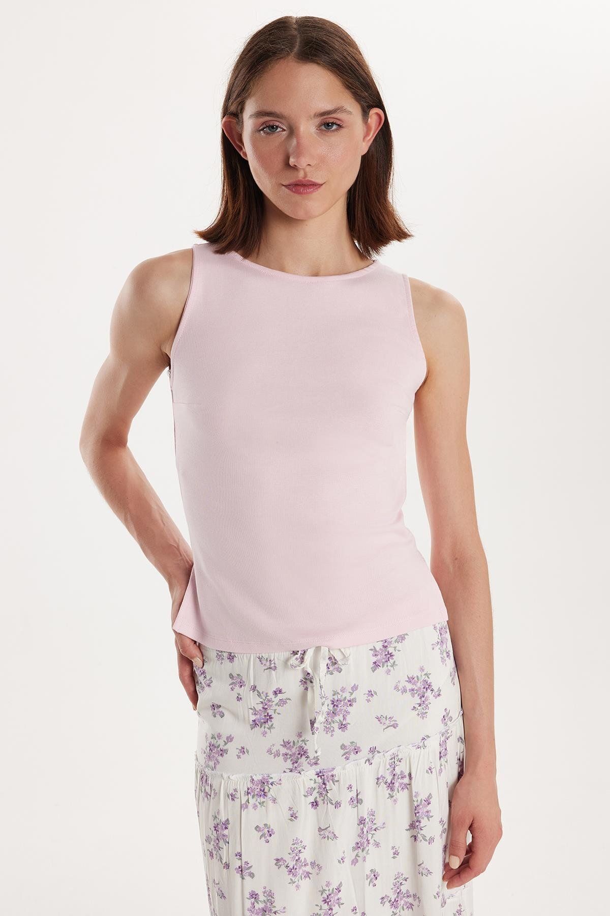 Tudors Kadın Slim Fit Dar Kesim Bisiklet Yaka Düz Basic Pembe Bluz