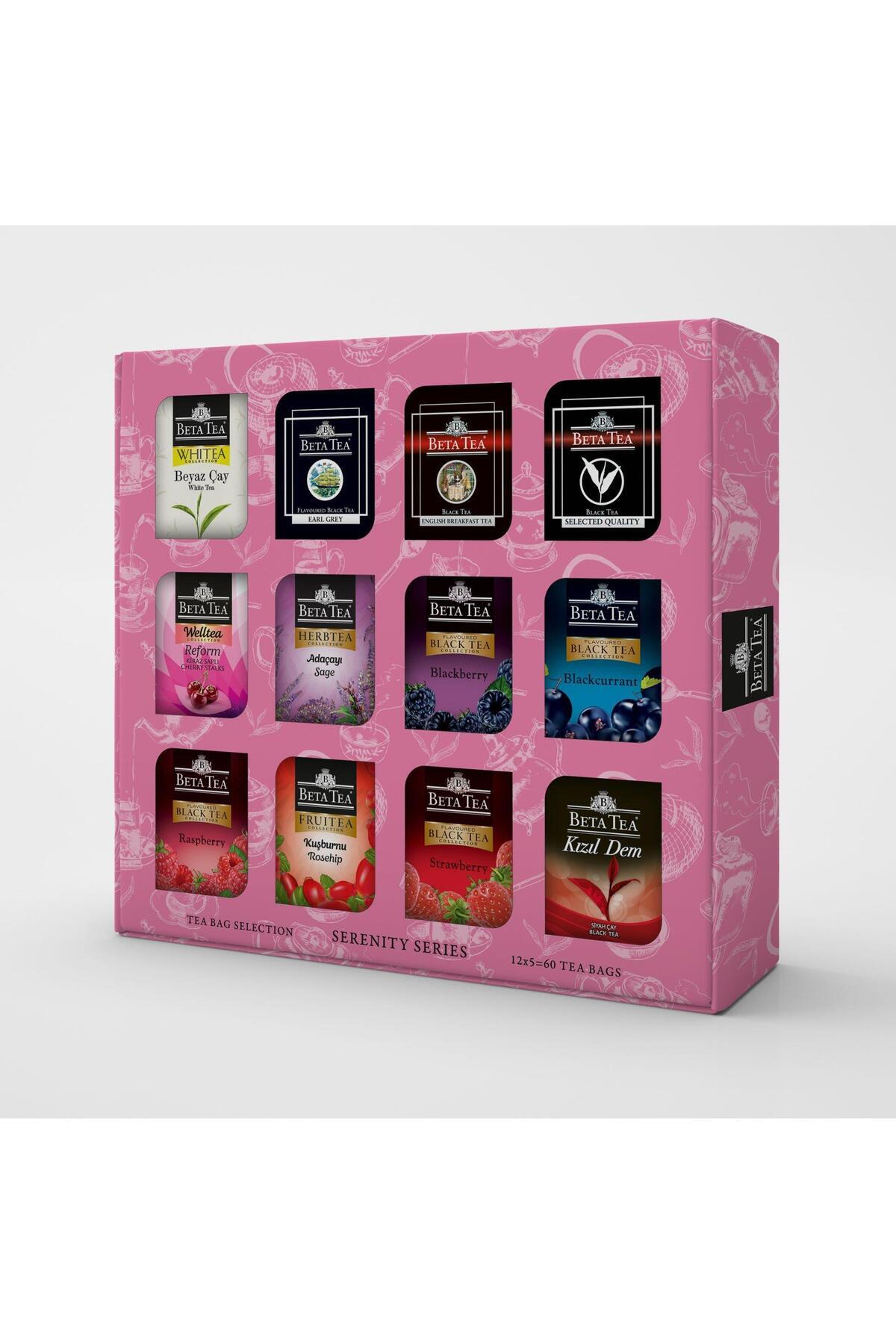 Beta Tea Hediyelik Çay Çeşitleri 60'lı Karışık Kutu, Serenity Series (12x5 Adet) (Siyah Çay, Beyaz Ç