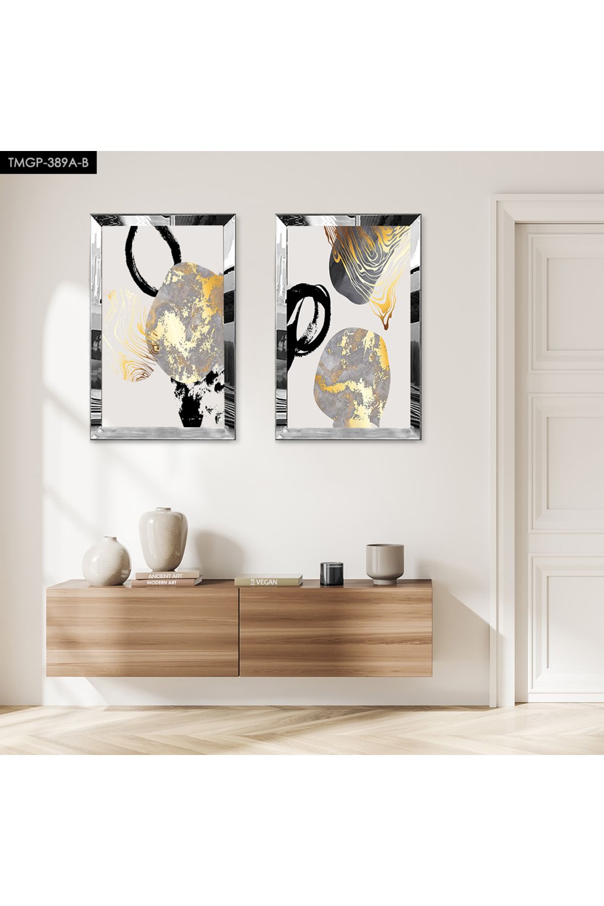 Zevahir Mobilya Dekorasyon GÜMÜŞ AYNALI PLEKSİ ÇERÇEVELİ GOLD VE GRİ ŞEKİLLER MODERN SOYUT ŞEKİLLER İKİLİ MDF TABLO SETİ