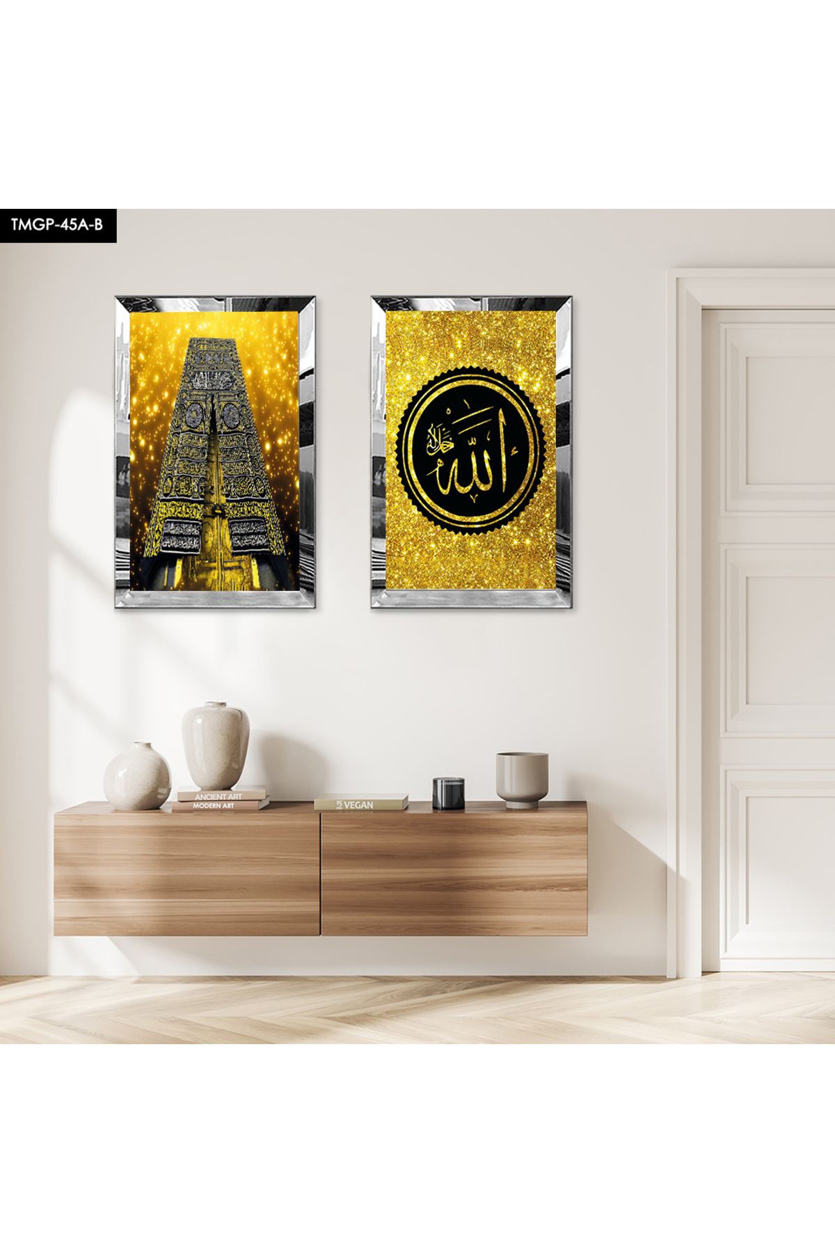 Zevahir Mobilya Dekorasyon GÜMÜŞ AYNALI PLEKSİ ÇERÇEVELİ ALTIN ALLAH LAFZI VE KABE KAPISI DİNİ İKİLİ MDF TABLO SETİ