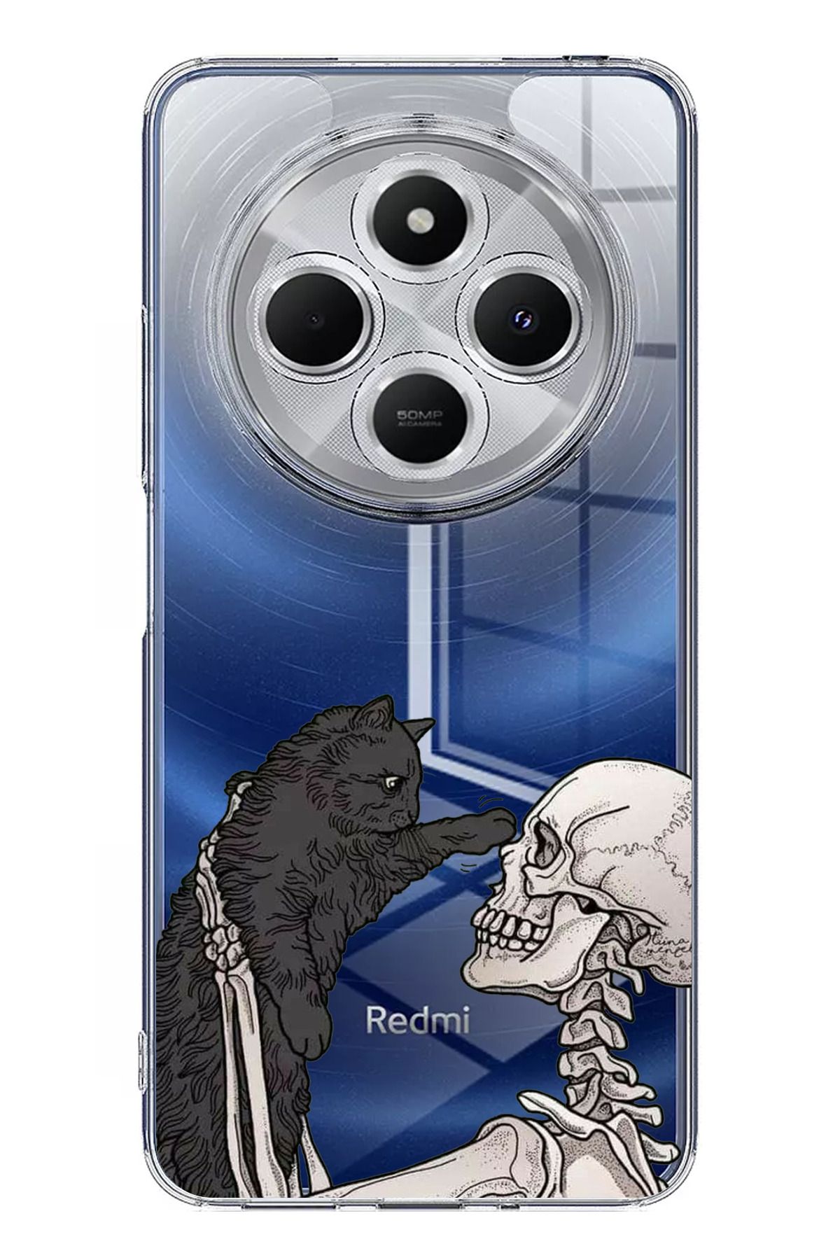 TechTree Redmi 14C Uyumlu İskelet ve Kara Kedi Tasarımlı Şeffaf Silikon Kılıf