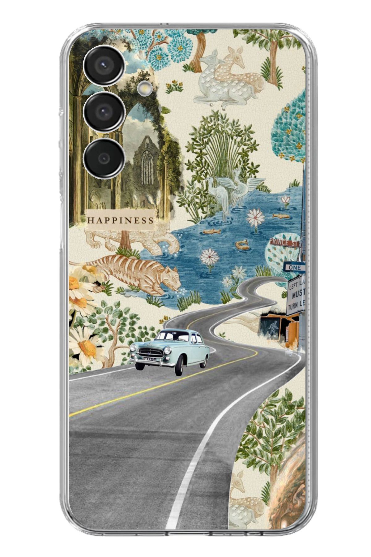 TechTree Samsung Galaxy M15 Uyumlu Yeşil Sanatsal Yol Çiçekler Şeffaf Silikon Kılıf