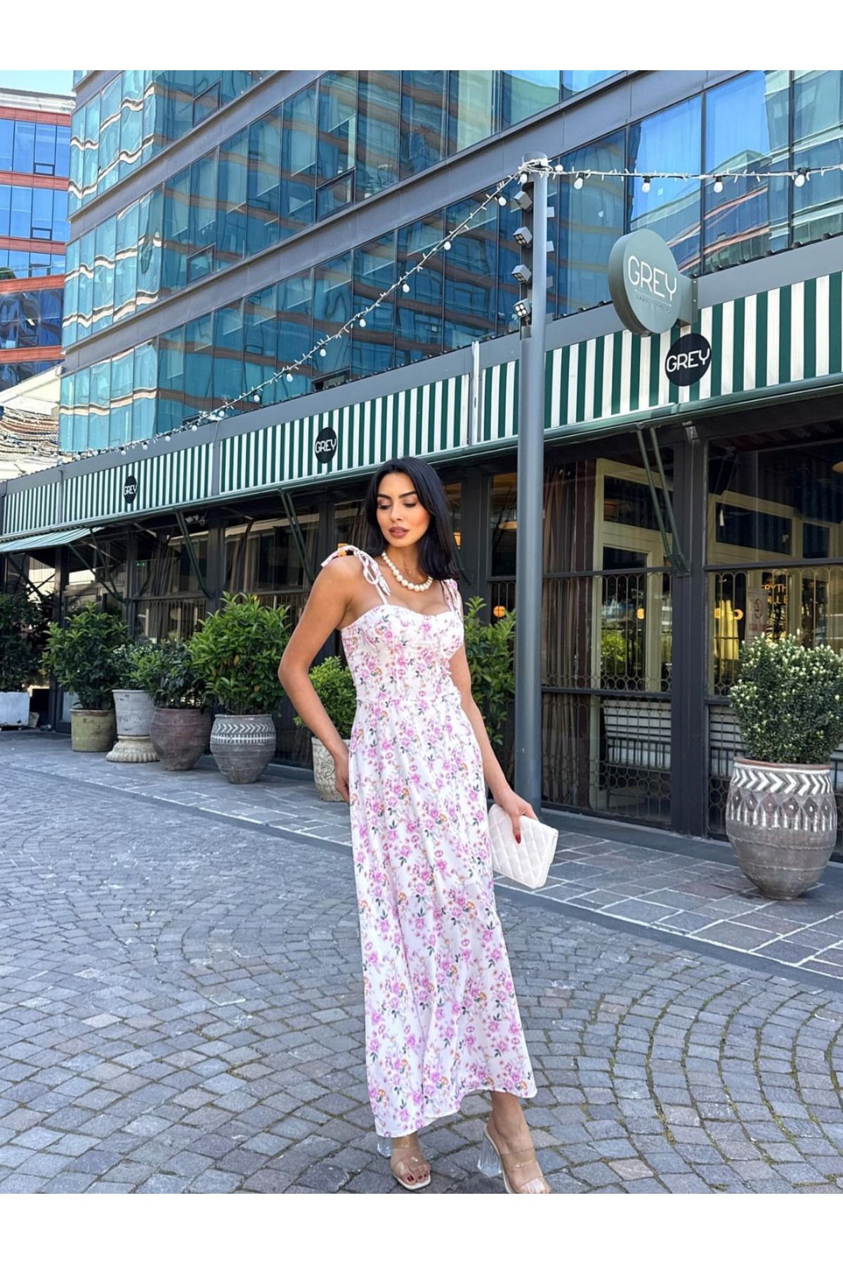 MODA İp askılı Pembe çiçekli yazlık şık elbise