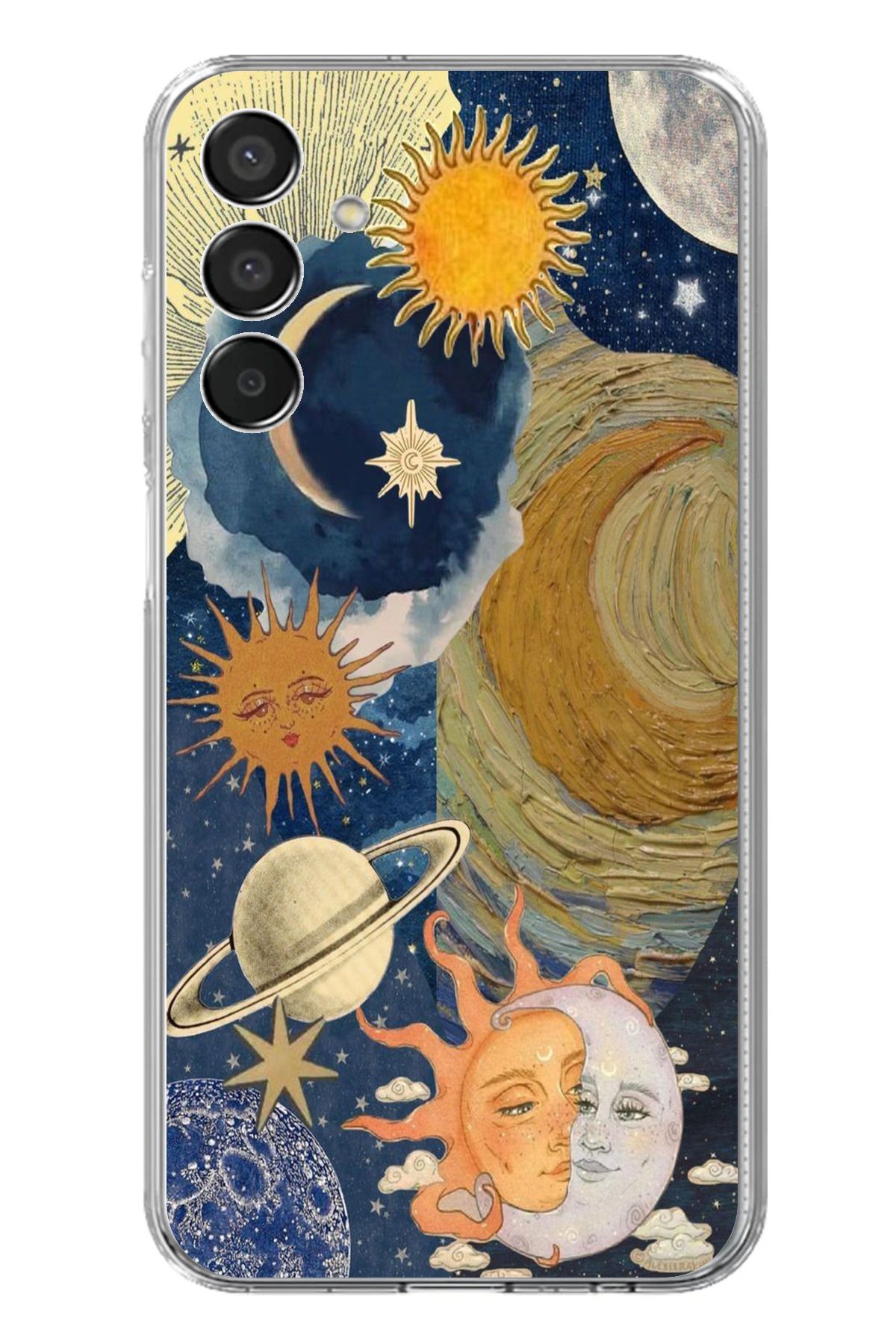 TechTree Samsung Galaxy M15 Uyumlu Güneş ve AY Evren Tasarımlı Şeffaf Silikon Kılıf