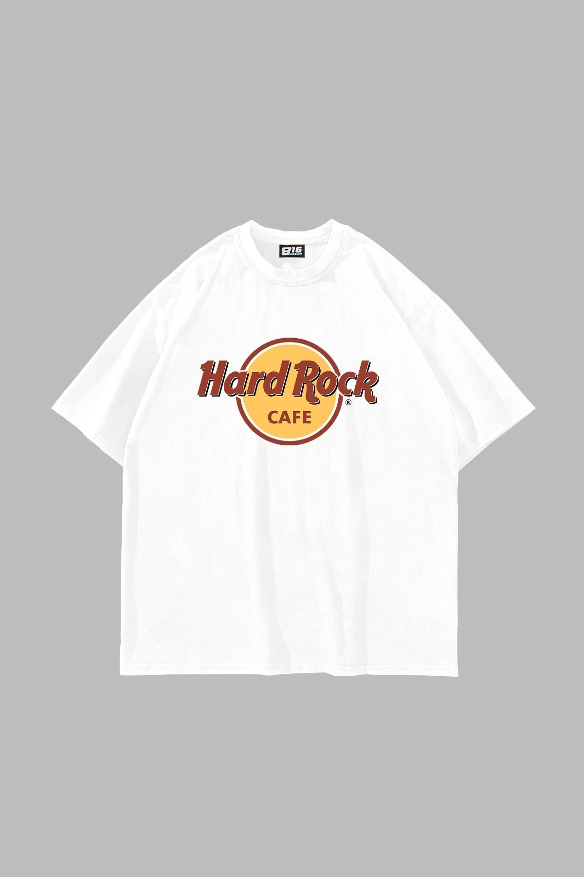Sekizbiraltı Hard Rock Baskılı Oversize Unisex Beyaz Tshirt