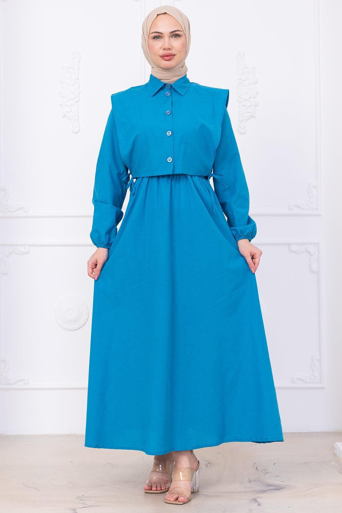 hafsamina Bolerolu Beli Lastikli Elbise Mavi HM2756