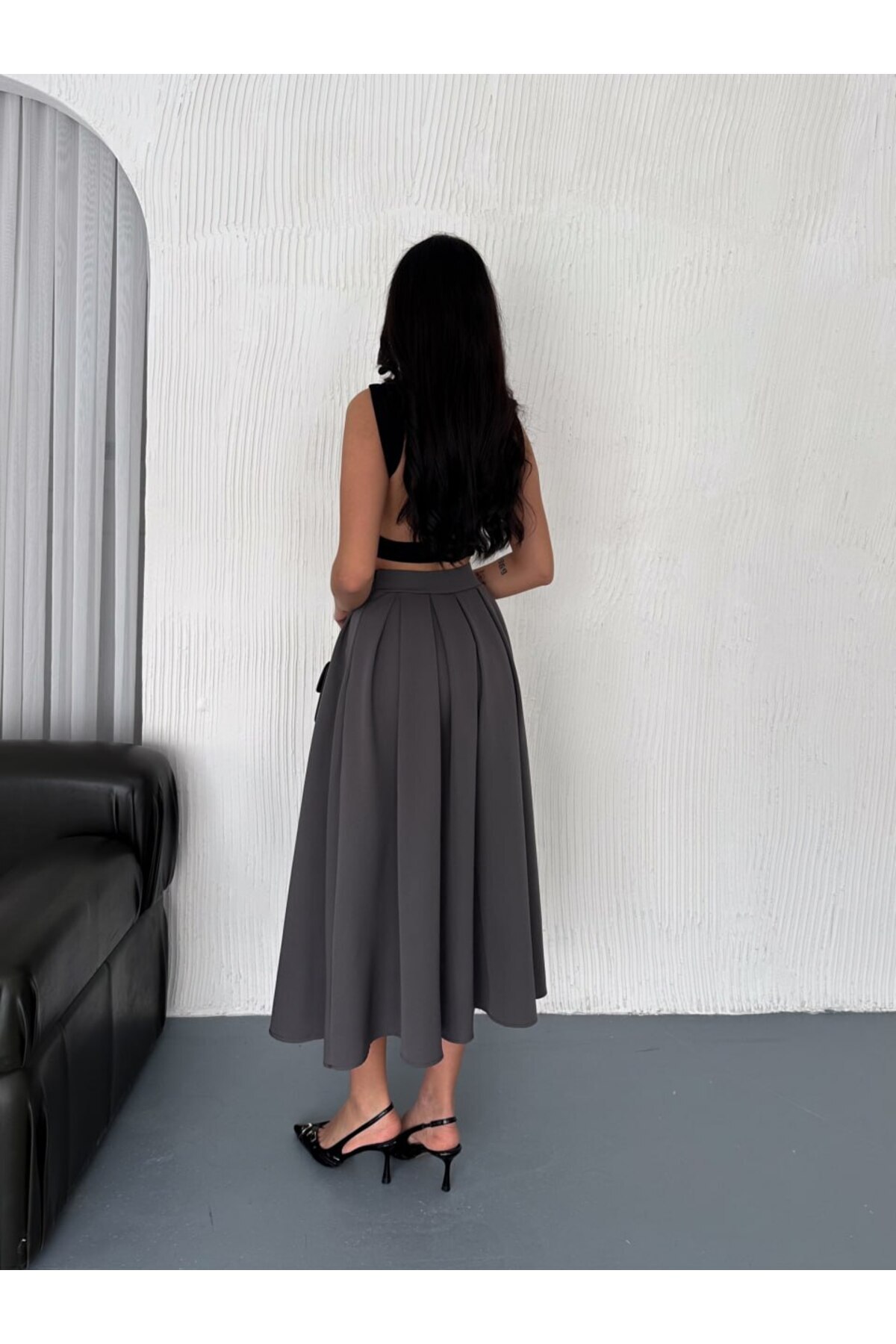 Winmoda34  KADIN DABIL KUMAŞ PİLELİ 86 CM TAM BOY UZUN ETEK - Görsel 3