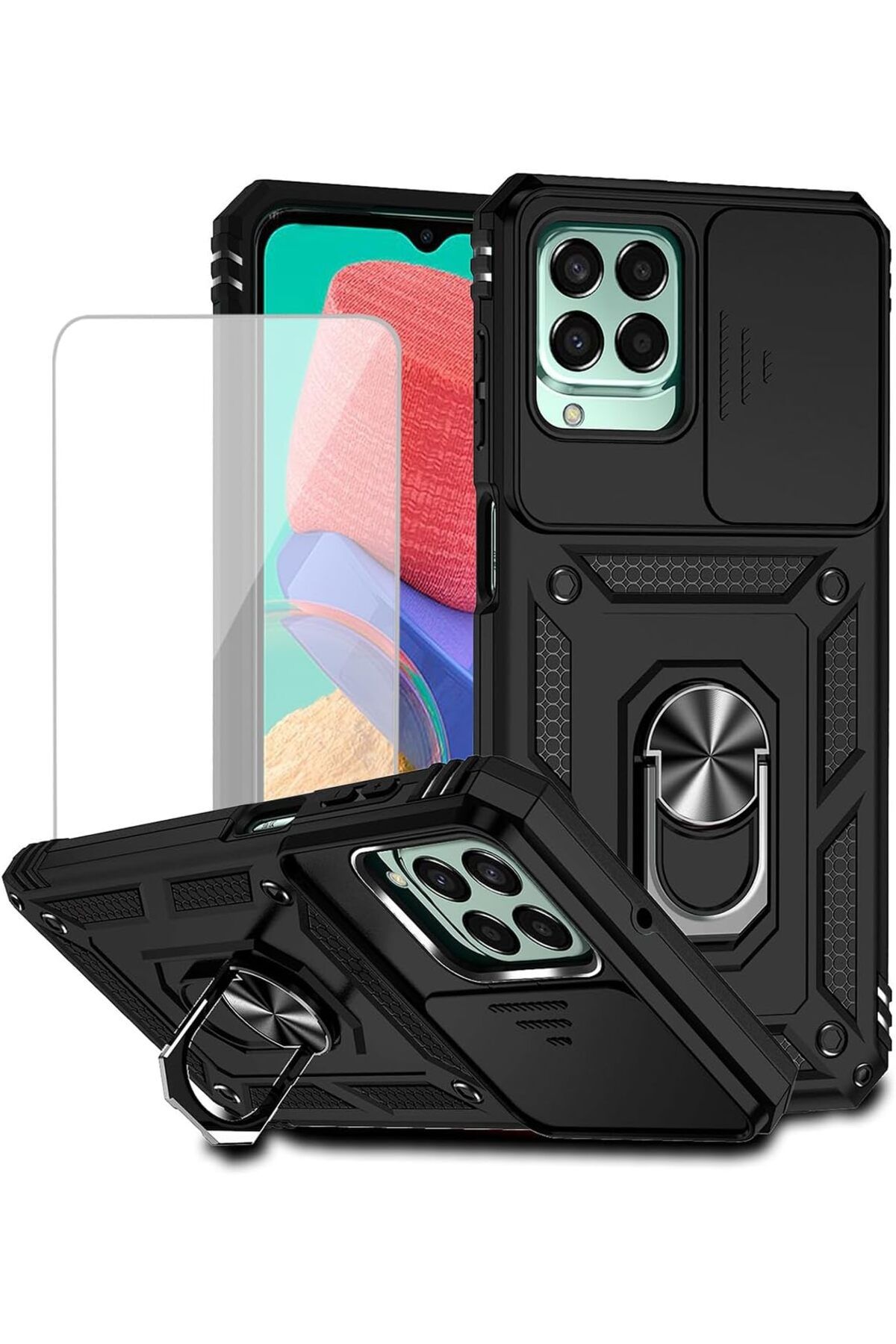 Rivor Samsung Galaxy M33 Uyumlu Kılıf Kamera Sürgülü Standlı Yüzüklü Darbe Emici Zırh Koruyucu Tank Kapak
