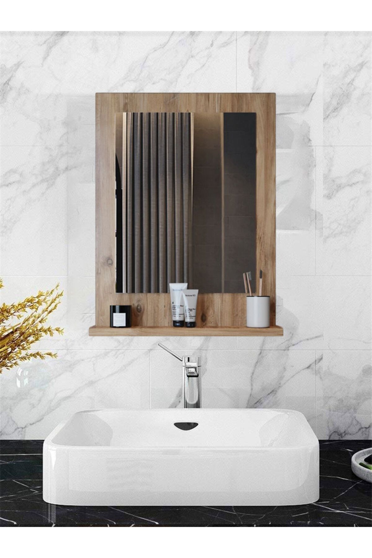 Teknor Safir Stil 60x45 Atlantik Çam Raflı Banyo Aynası