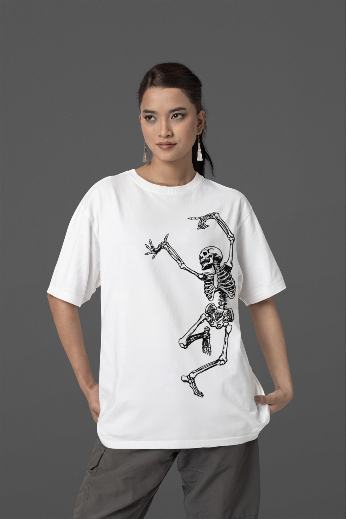 Butik %100 PAMUK ERKEK/KADIN -YANDA DANSÇI İSKELET 1 - TRANSFER BASKILI YUVARLAK YAKA KISA KOL TİŞÖRT