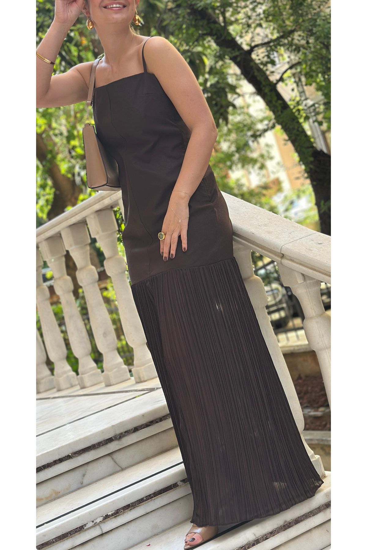 LaSorella Butik KADIN KAHVERENGİ ASKILI ELBİSE