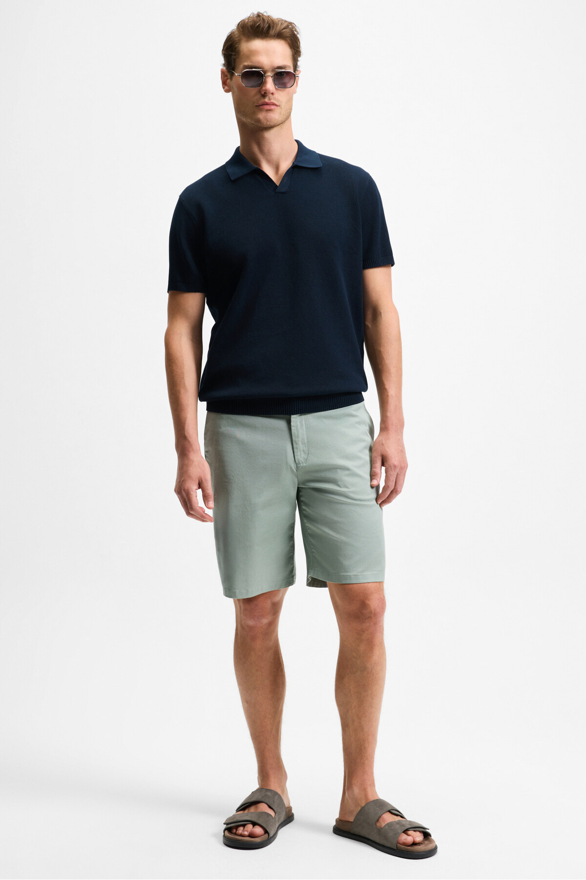 GRIMELANGE  TEEMO Erkek Yanları Cepli Fermuarlı Likralı Slim Fit Yeşil Şort - Görsel 2