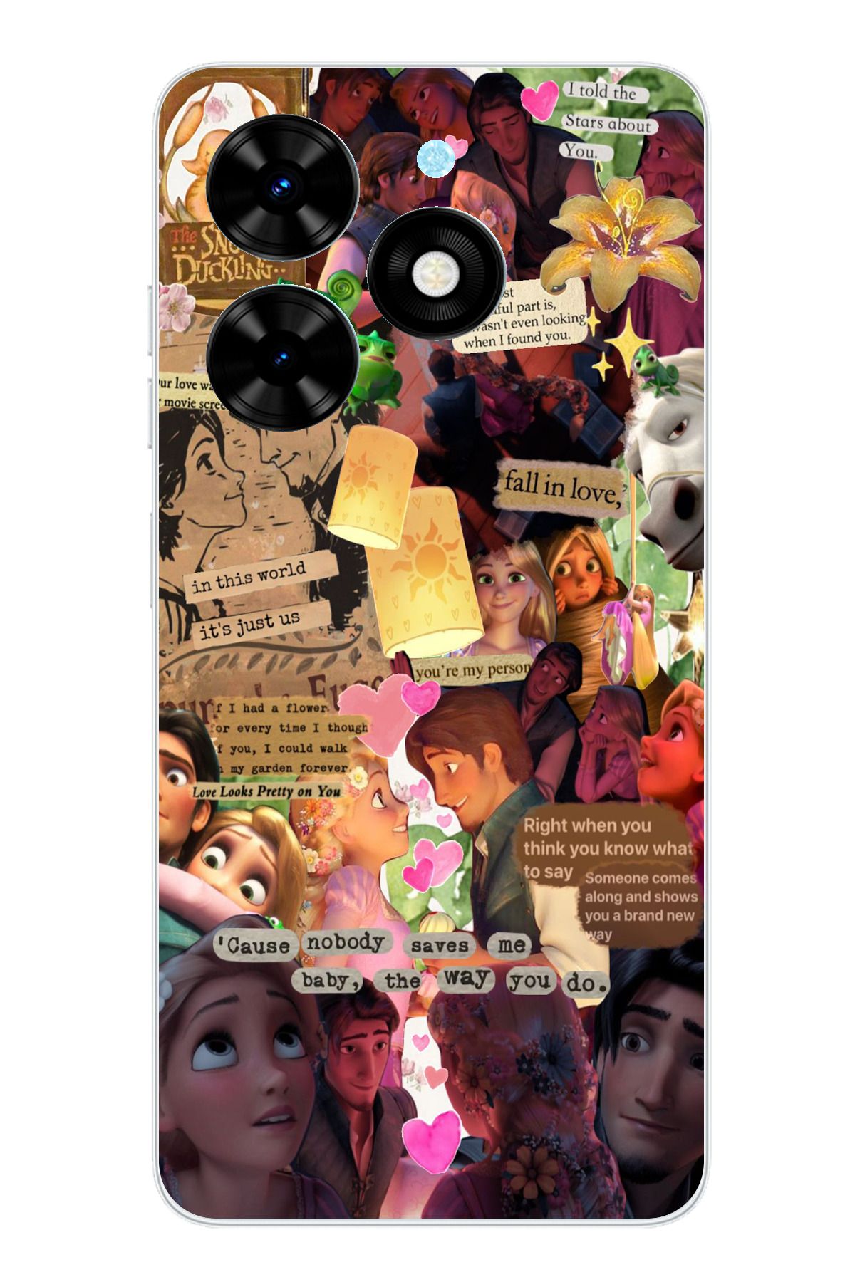TechTree Tecno Spark Go 2024 Uyumlu Rapunzel Tangled Çıkartma Kolaj Tasarımlı Şeffaf Silikon Kılıf