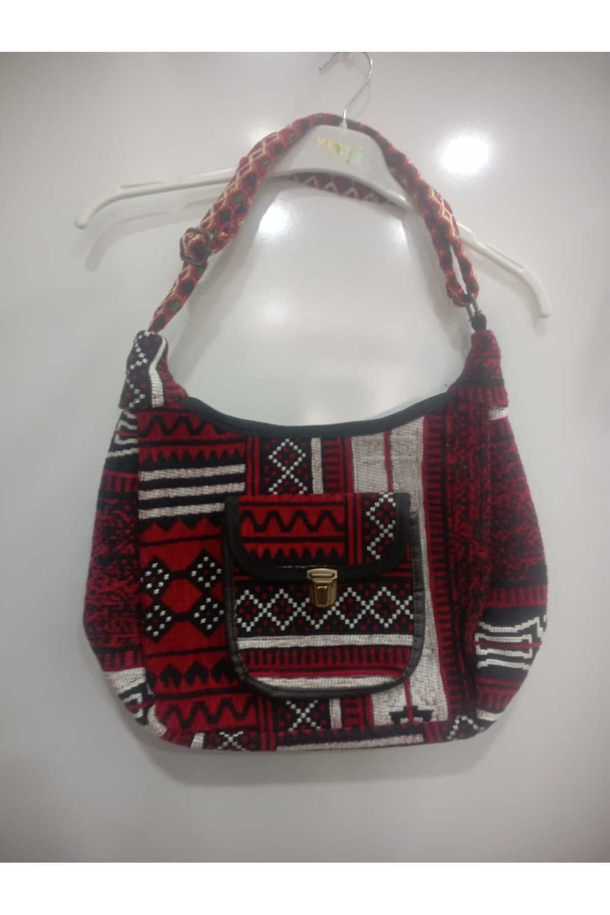 NUR TEKSTİL Kadın kırmızı Etnik-otantik Orijinal Kilim Dokuma omuz Çantası Yıkana Bilir Çanta en 30-boy 30 cm