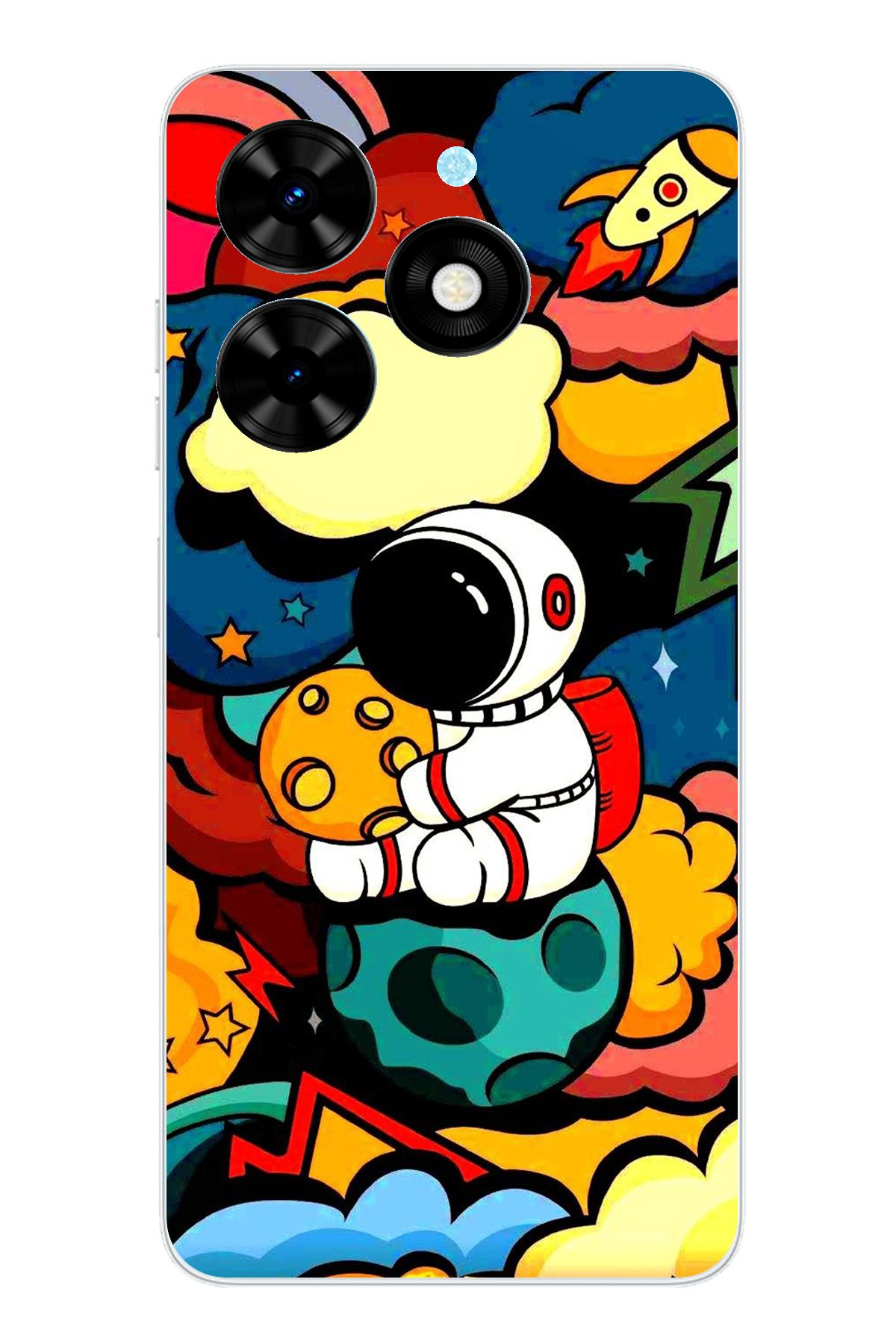 TechTree Tecno Spark 20 - 20C Uyumlu Renkli Astronot Tasarımlı Şeffaf Silikon Kılıf
