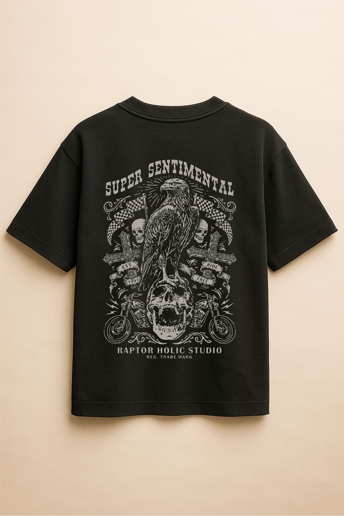 Altair Tr Siyah Renk Oversize Chopper Motosiklet Tarzı Baskılı Unisex Tişört T-Shirt