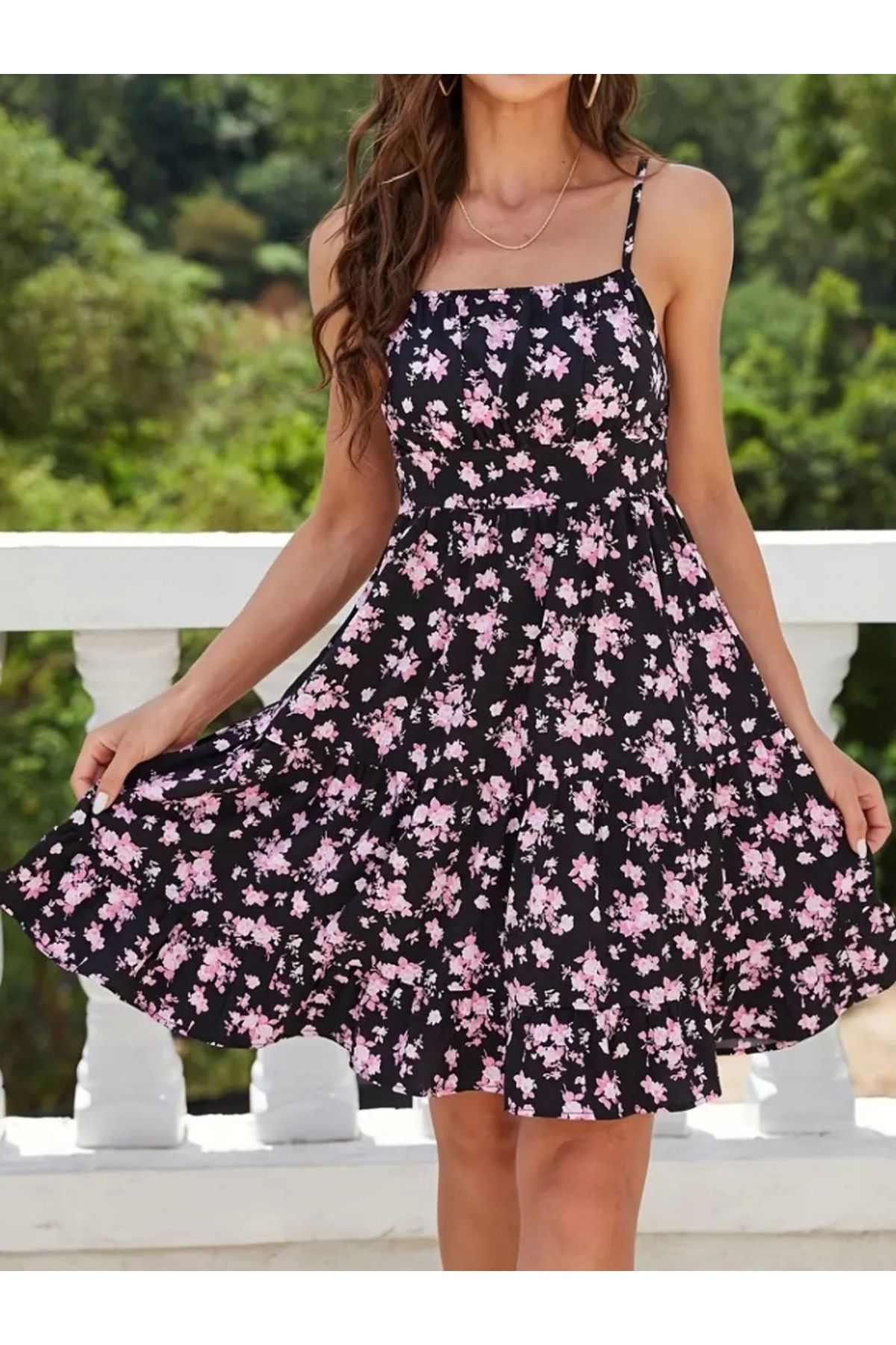 Butik Kadın Askılı çiçek Desenli Süprem Mini Elbise