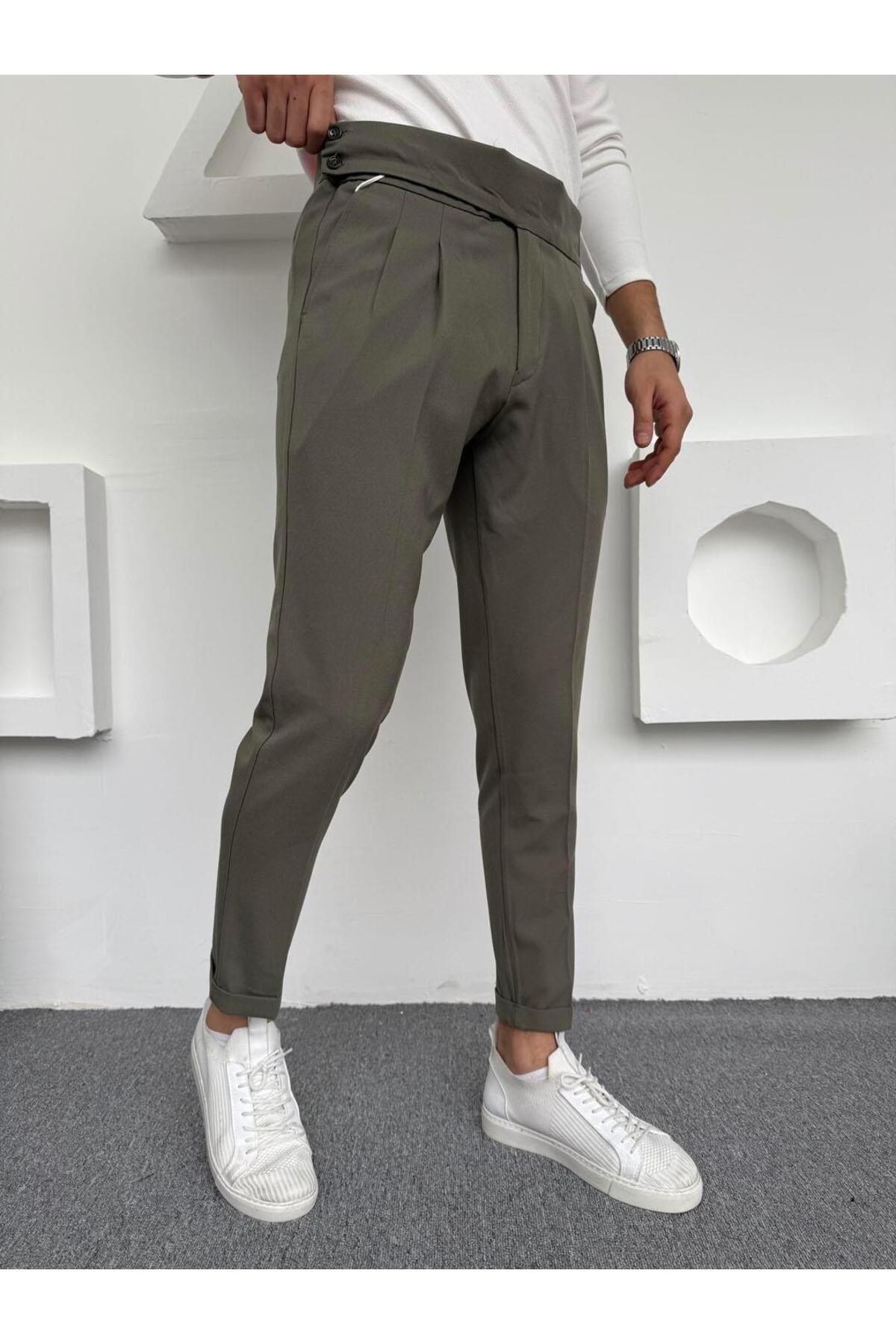 Butik Toka Detaylı Geniş Kemer Harvest Kumaş Pantolon Haki