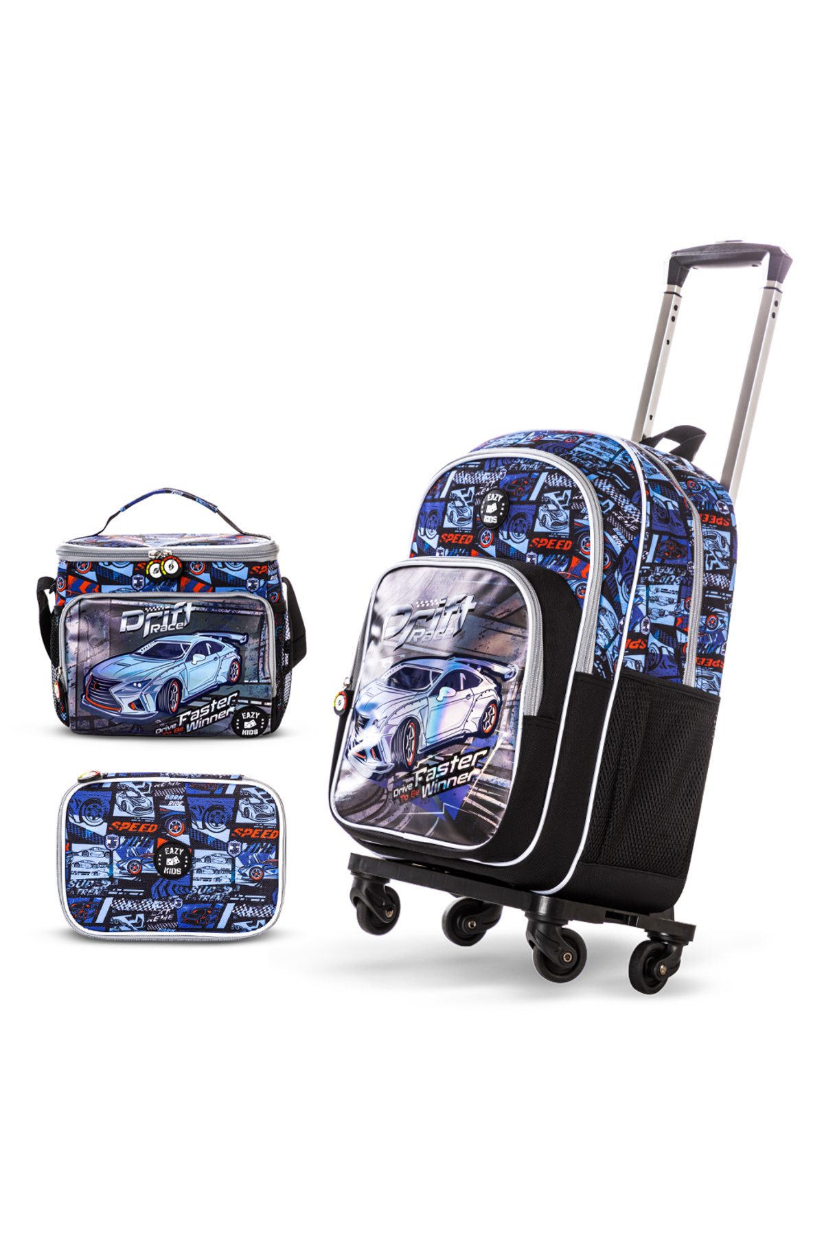 Eazy Kids 18" Set of 4 Backpack w/ 4 Wheel Trolley, Lunch Bag and Pencil Case - Car Racing