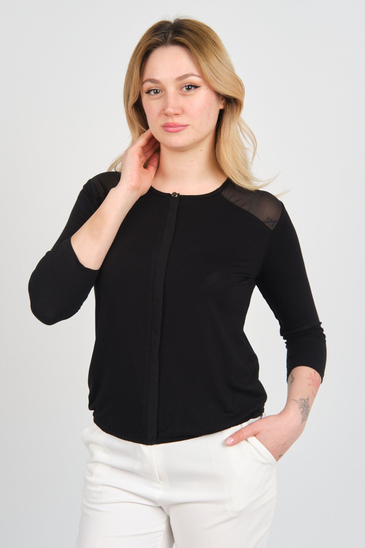 Sistas Bluză Cu Mâneci Trei Sferturi Pentru Femei, Cu Umeri Și Mâneci, Cu Detaliu Din Tul, Cu Talie Elastică 23321 Negru Femeie - L