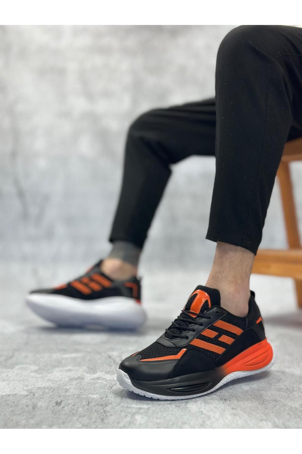 Byshoes BA0650 Tarz Sneakers Yüksek Taban Siyah Turuncu Spor Ayakkabısı