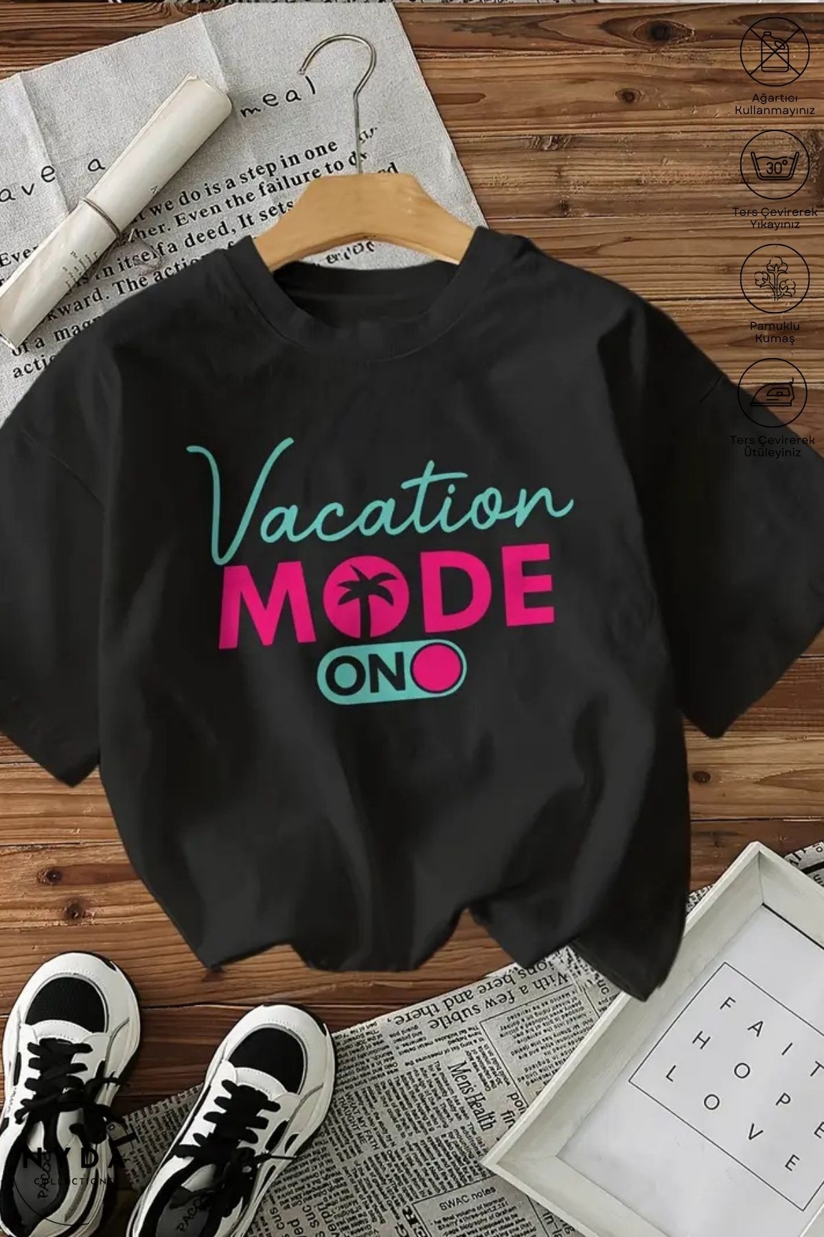 Nyda Collections Kadın Bisiklet Yaka Pinterest Baskılı Pamuk Oversize Kısa Kollu Tişört