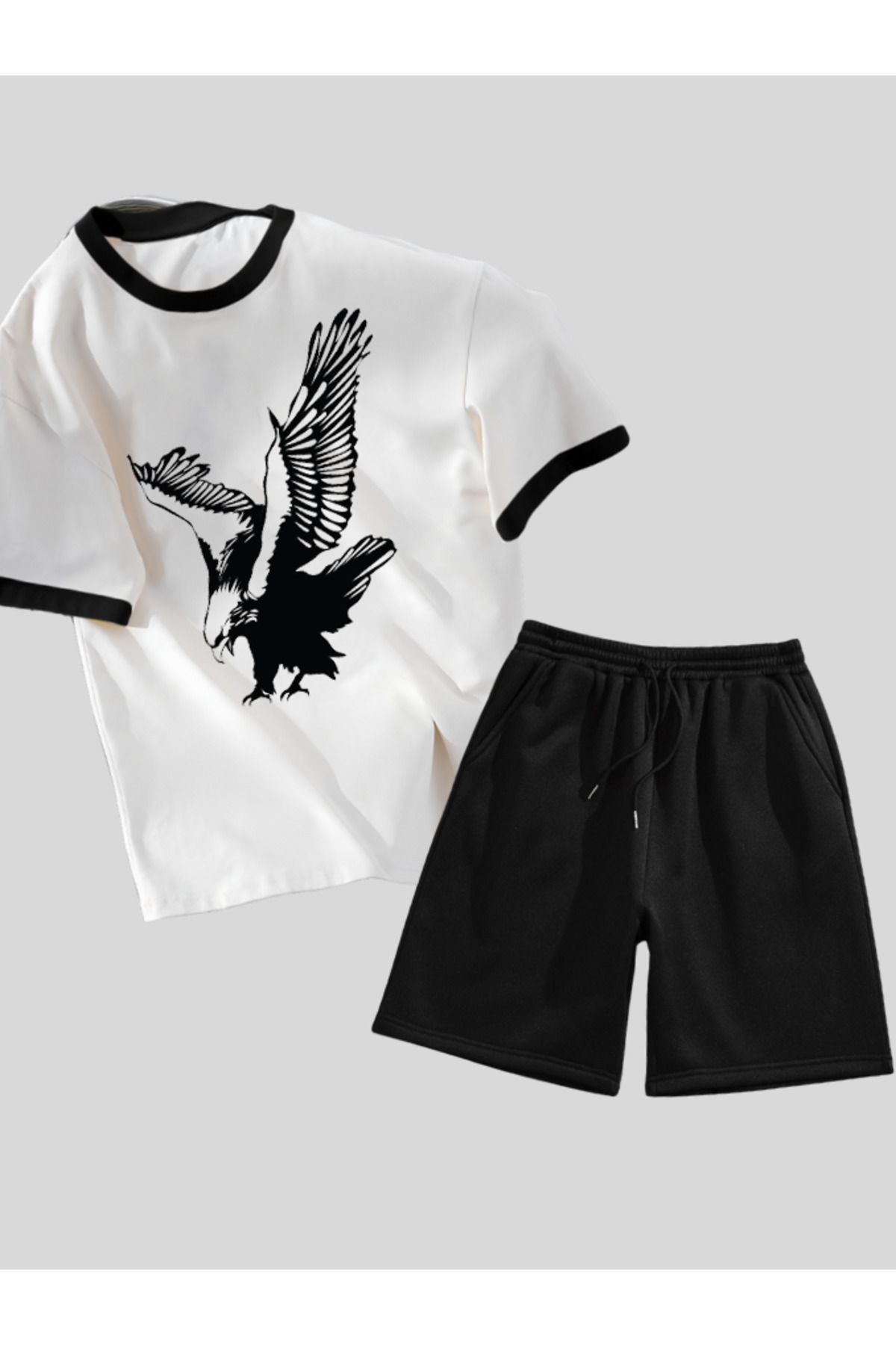 Revasser Unisex Kadın/Erkek Renkli Yaka Kartal Özel T-Shirt Alt Üst Özel Baskılı Şortlu Takım