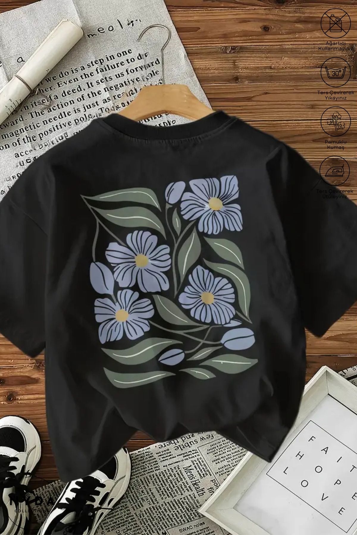Nyda Collections Kadın Bisiklet Yaka Pinterest Baskılı Pamuk Oversize Kısa Kollu Tişört