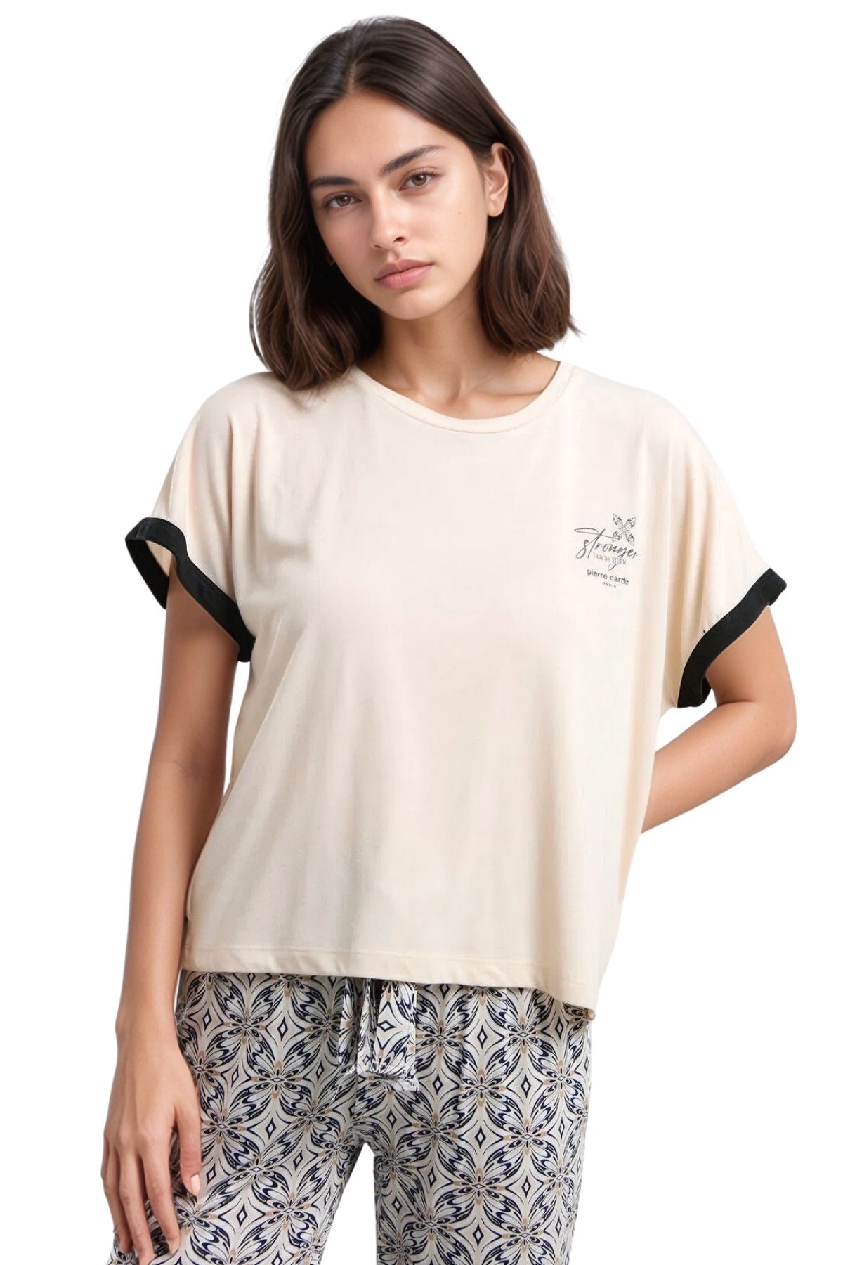 Pierre Cardin Kadın Kısa Kol T-Shirt & Desenli Uzun Pantolon Pijama Takımı