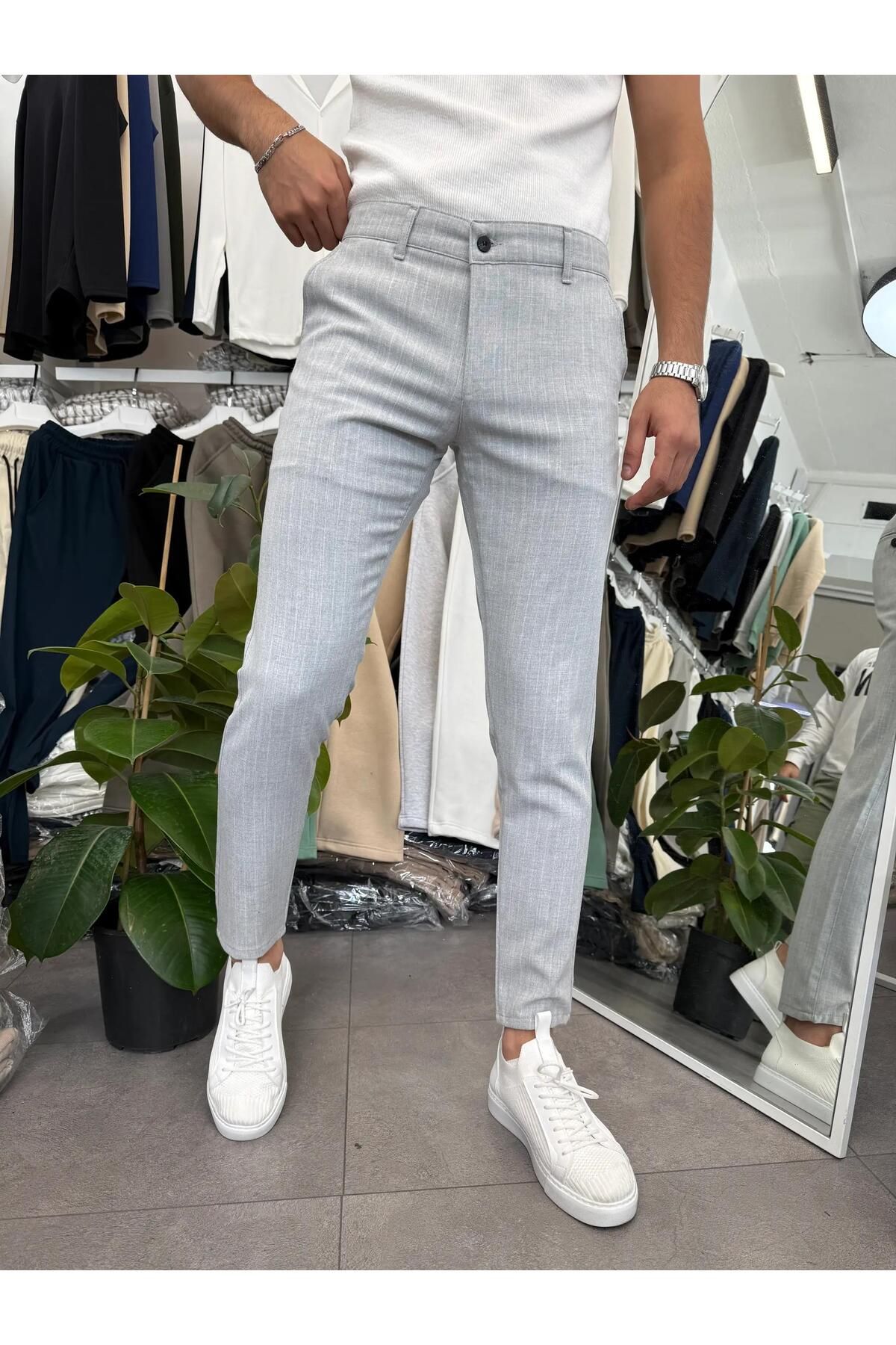 Butik Çizgi Detaylı Likralı Kumaş Pantolon Açık Gri