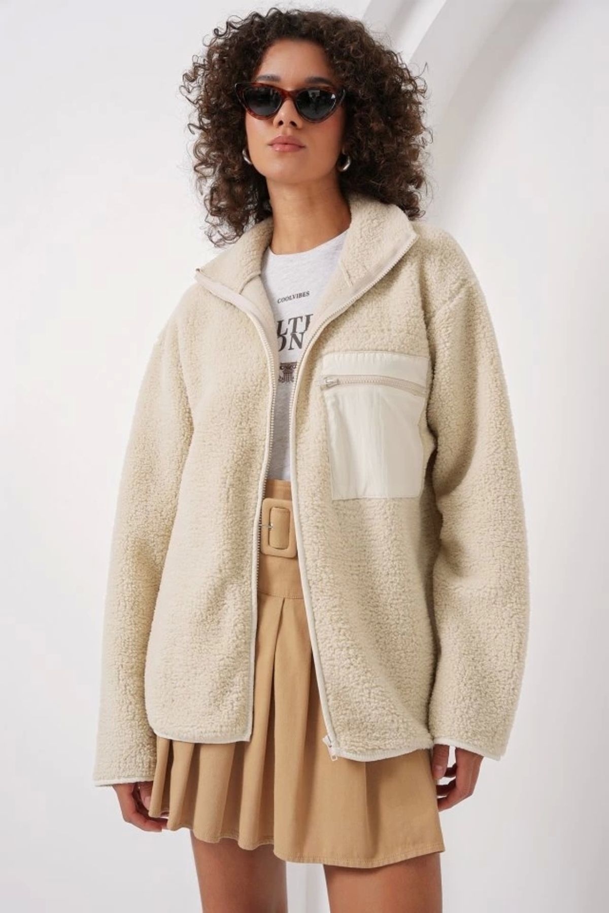 MODA 55446 Fermuarlı Oversize Peluş Ceket Mont Krem