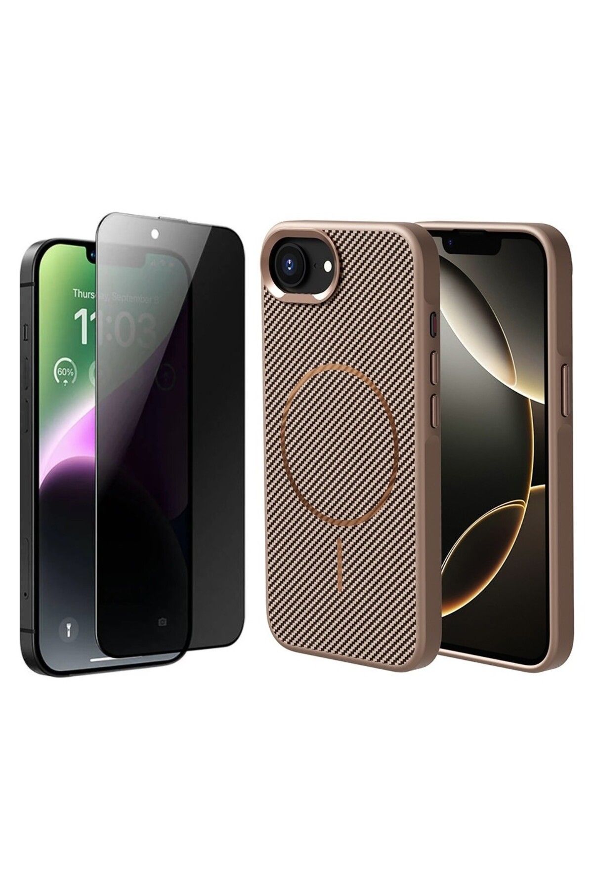 Vendas iPhone 16E Kılıf M-safe Şarj Özellikli Karbon Fiber Görünümlü Zore Troy Kapak+Hayalet Ekran Koruyucu