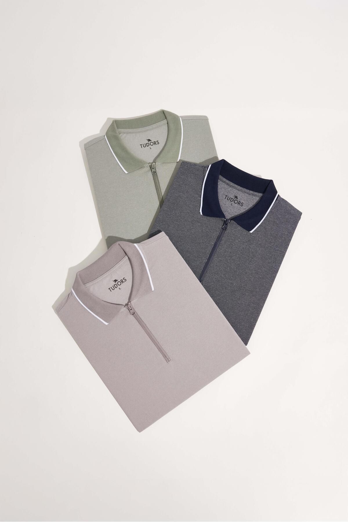 Tudors Erkek 3'lü Paket Mint-Gri-Lacivert Slim Fit Pamuklu Düz Fermuarlı Pike Polo Yaka Tişört