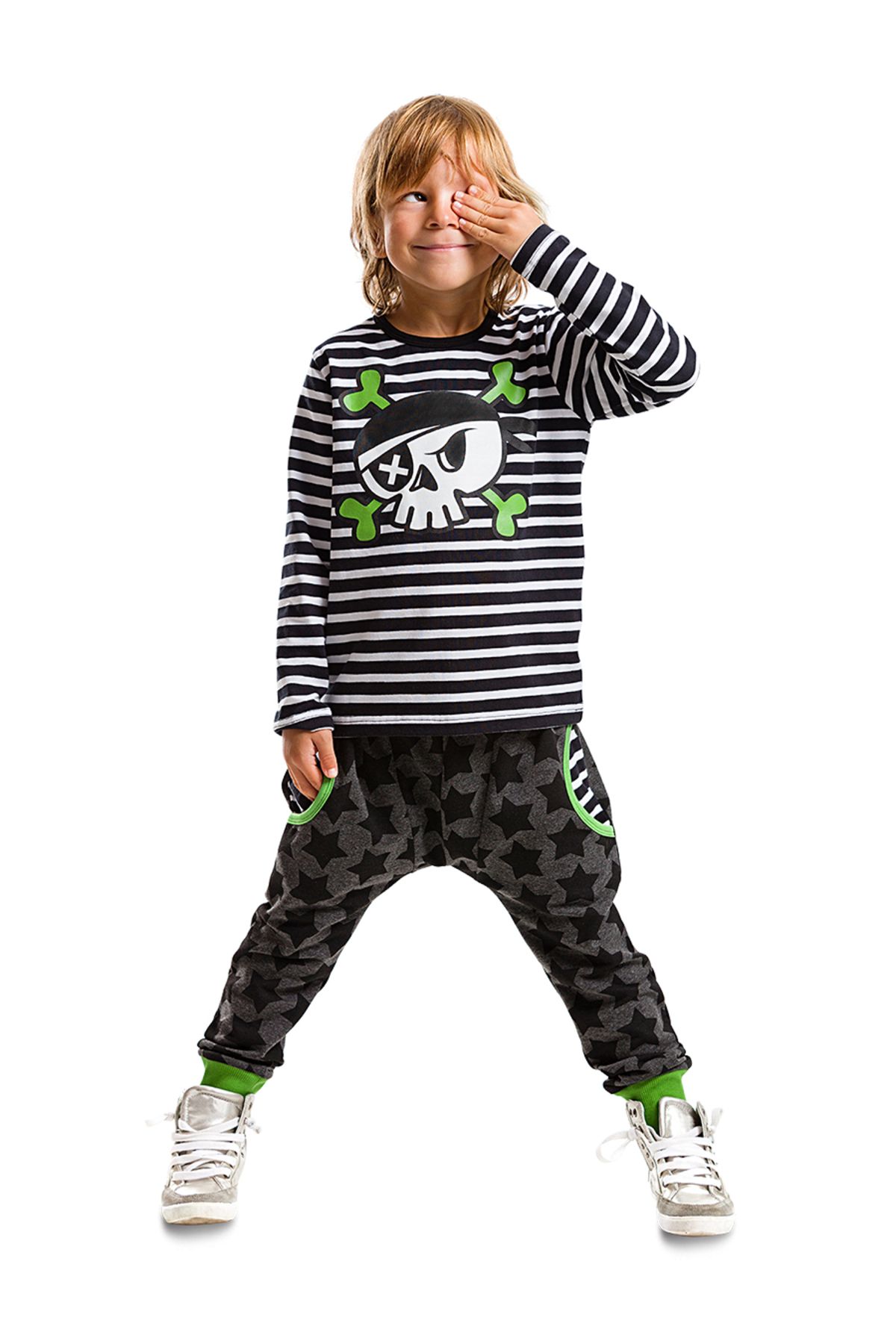 MSHB&G Zimowy Garnitur Chłopięcy – T-shirt I Spodnie Z Głową Pirata W Paski Mężczyzna - 3 years old