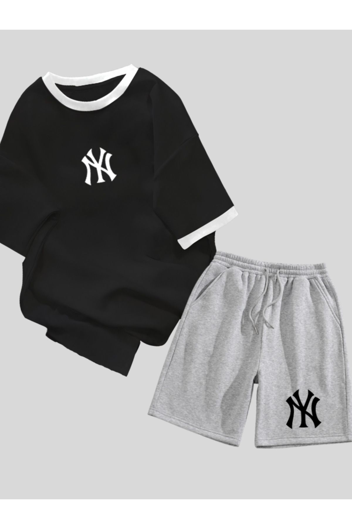 Revasser Unisex Kadın/Erkek Renkli Yaka NY Özel T-Shirt Alt Üst Özel Baskılı Şortlu Takım
