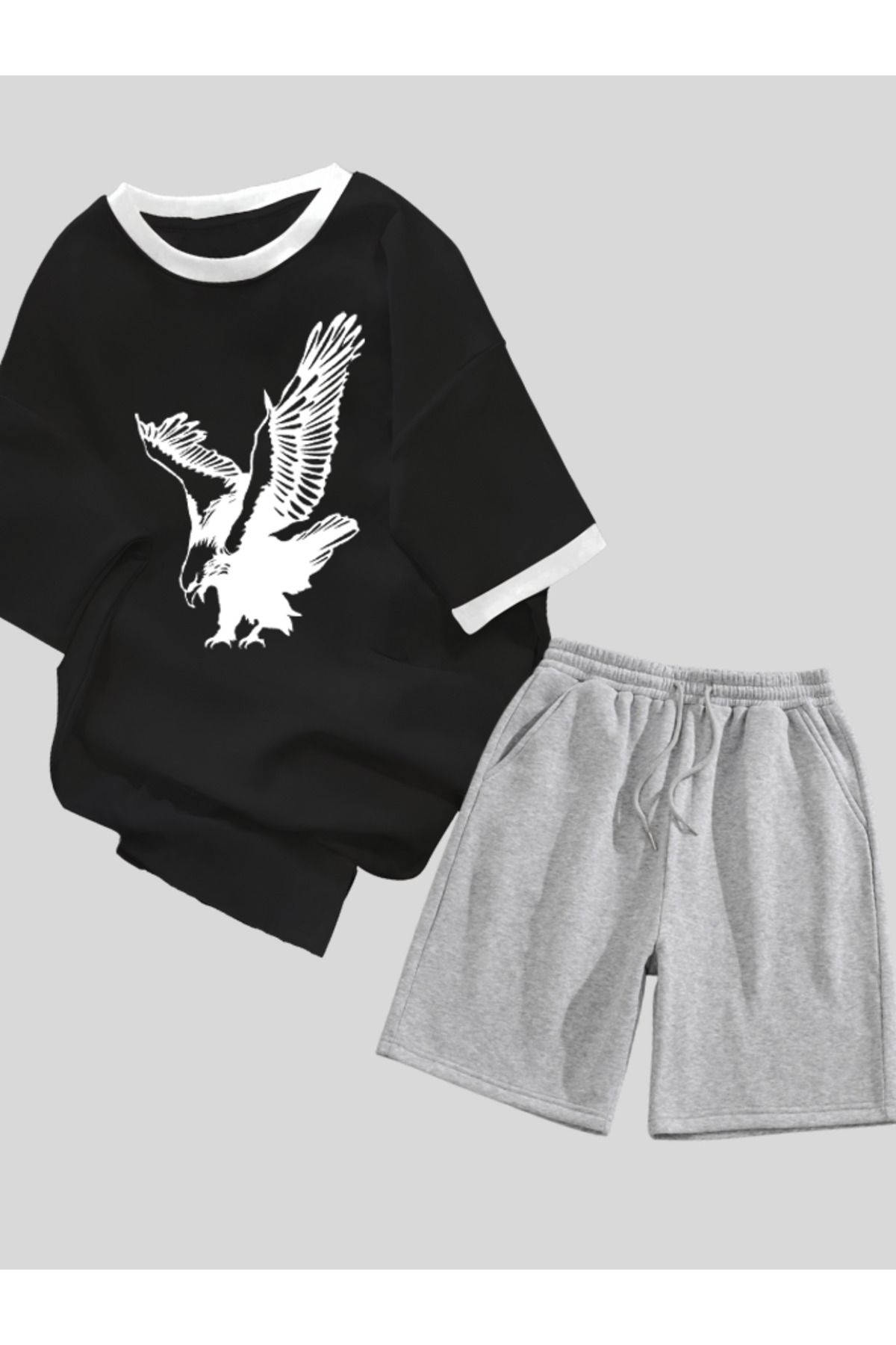 Revasser Unisex Kadın/Erkek Renkli Yaka Kartal Özel T-Shirt Alt Üst Özel Baskılı Şortlu Takım