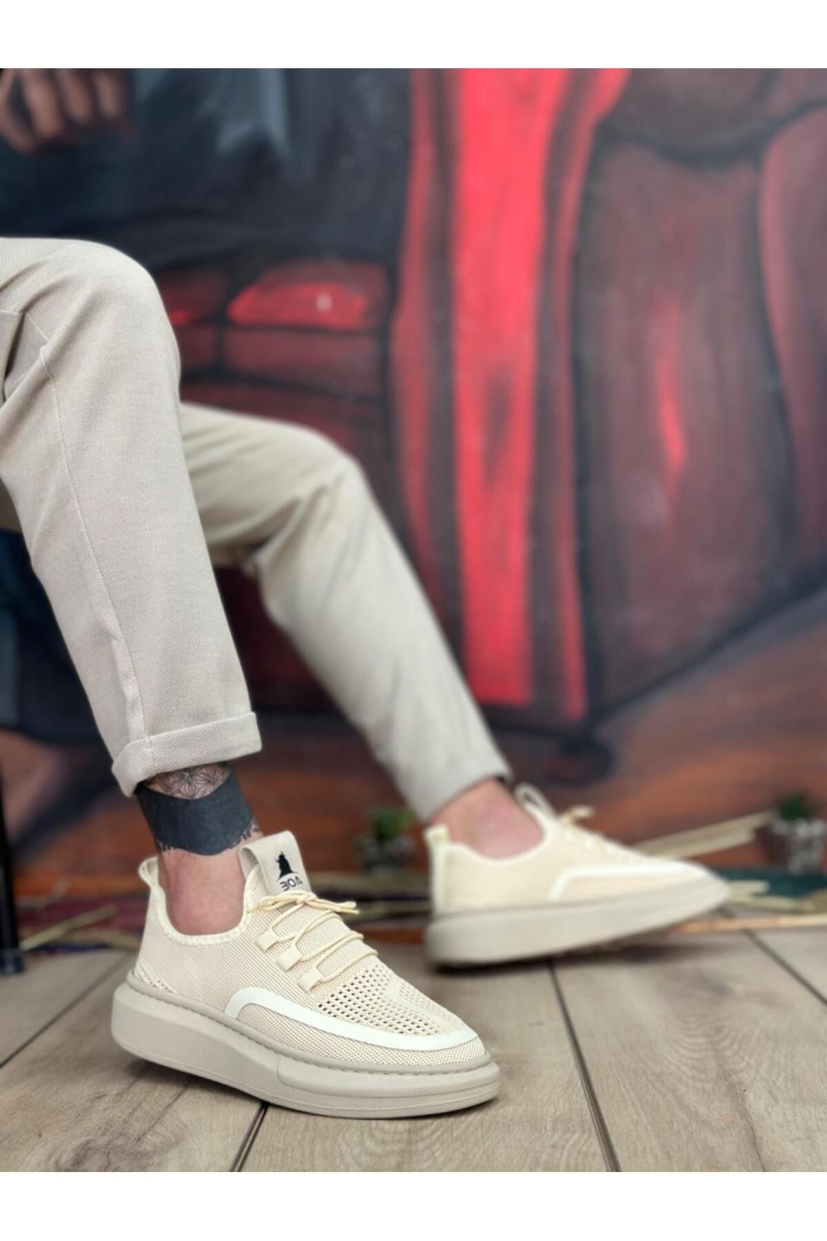 Byshoes BA0375 Özel Örme Triko Tarz Krem Renk Spor Ayakkabı
