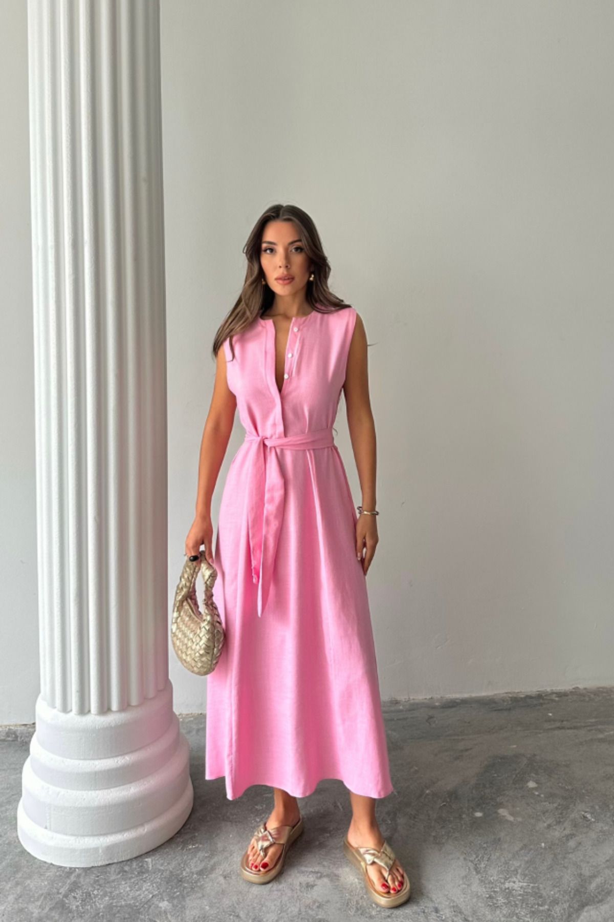 Melenza KETEN ELBİSE KOLSUZ BEL BAĞLAMALI MAXİ ELBİSE - Pembe